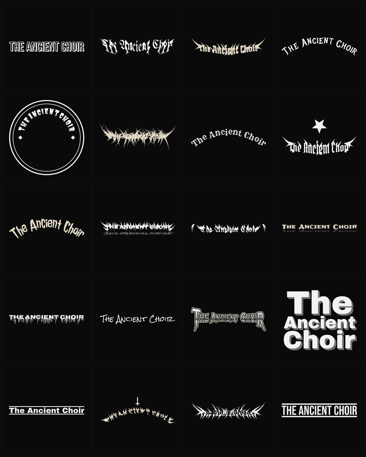 Twenty The Ancient Choir band logo ideas — different faces, treatments and spike settings