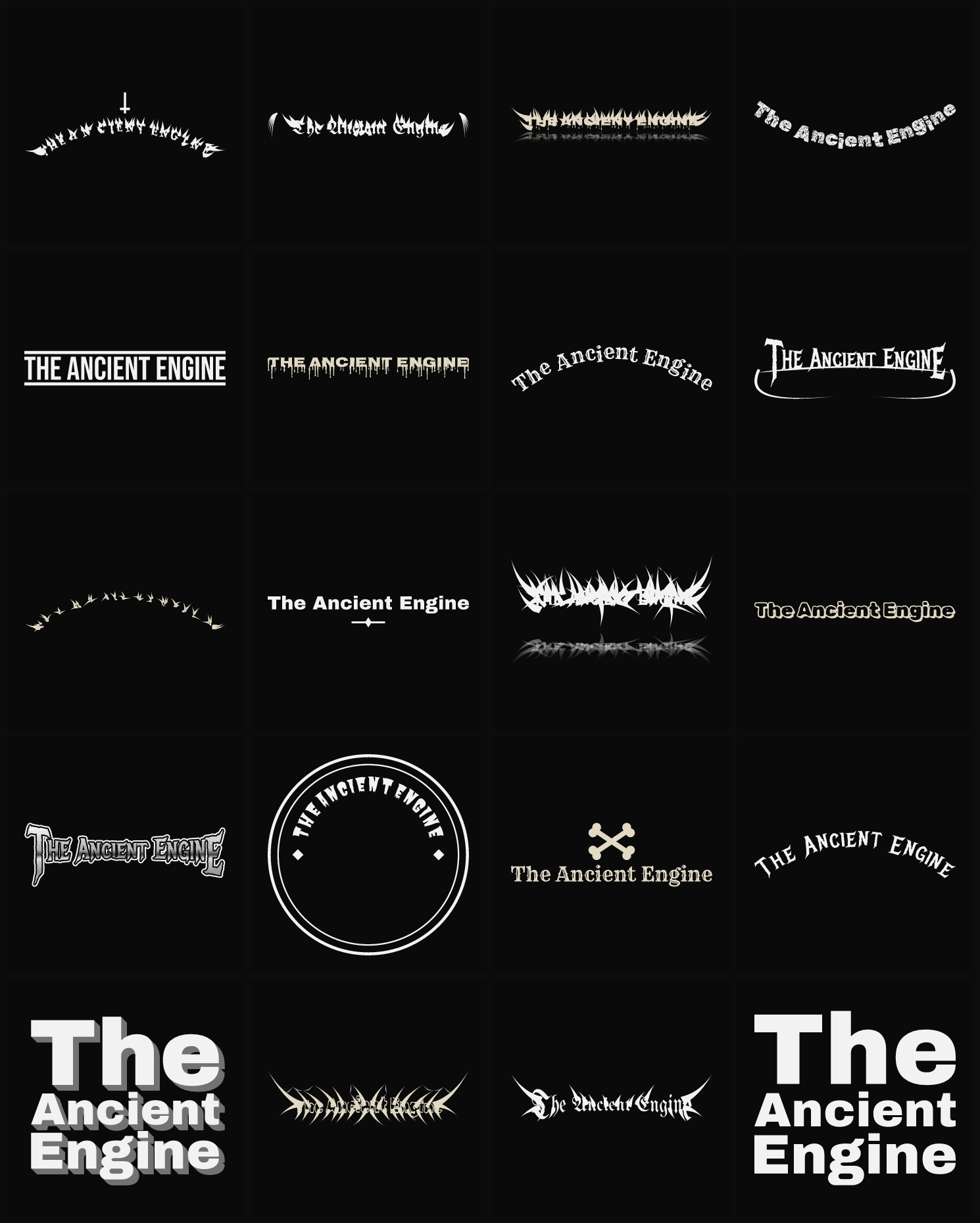 Twenty The Ancient Engine band logo ideas — different faces, treatments and spike settings