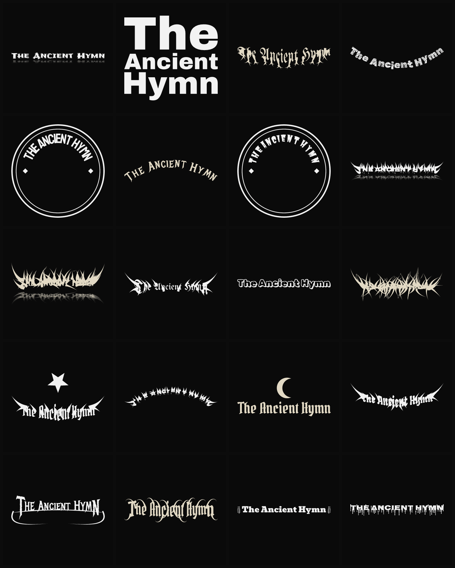 Twenty The Ancient Hymn band logo ideas — different faces, treatments and spike settings