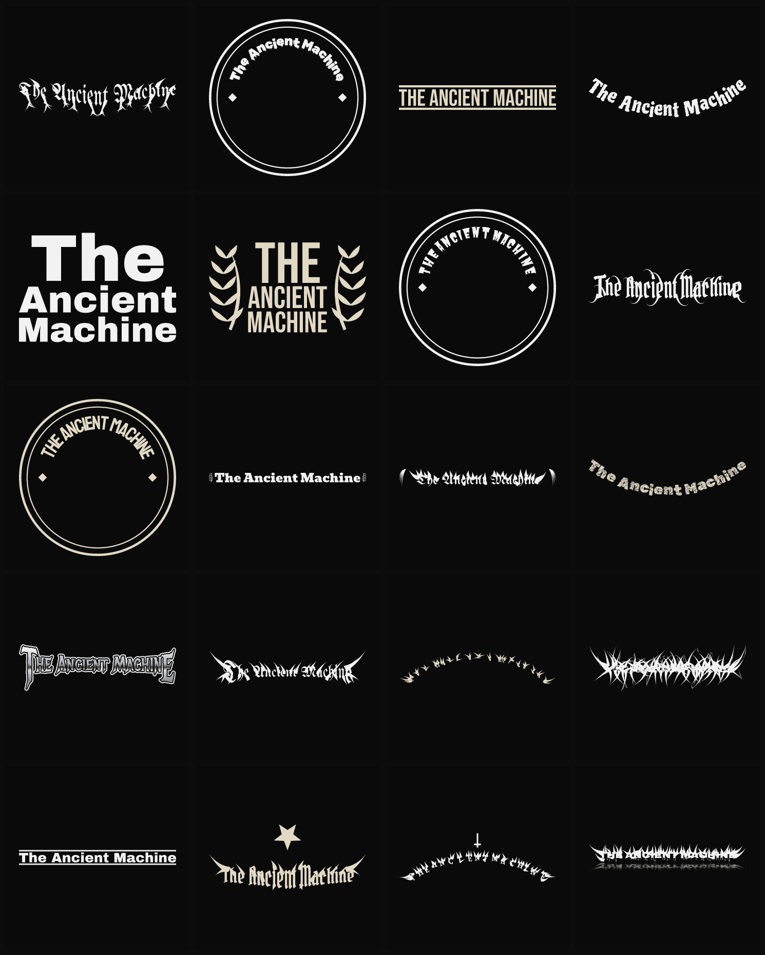 Twenty The Ancient Machine band logo ideas — different faces, treatments and spike settings