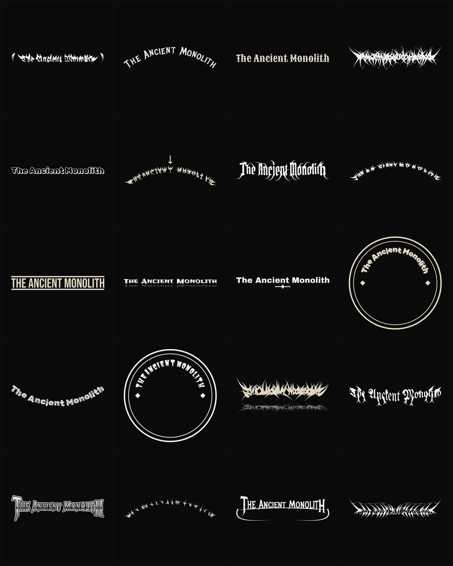 Twenty The Ancient Monolith band logo ideas — different faces, treatments and spike settings
