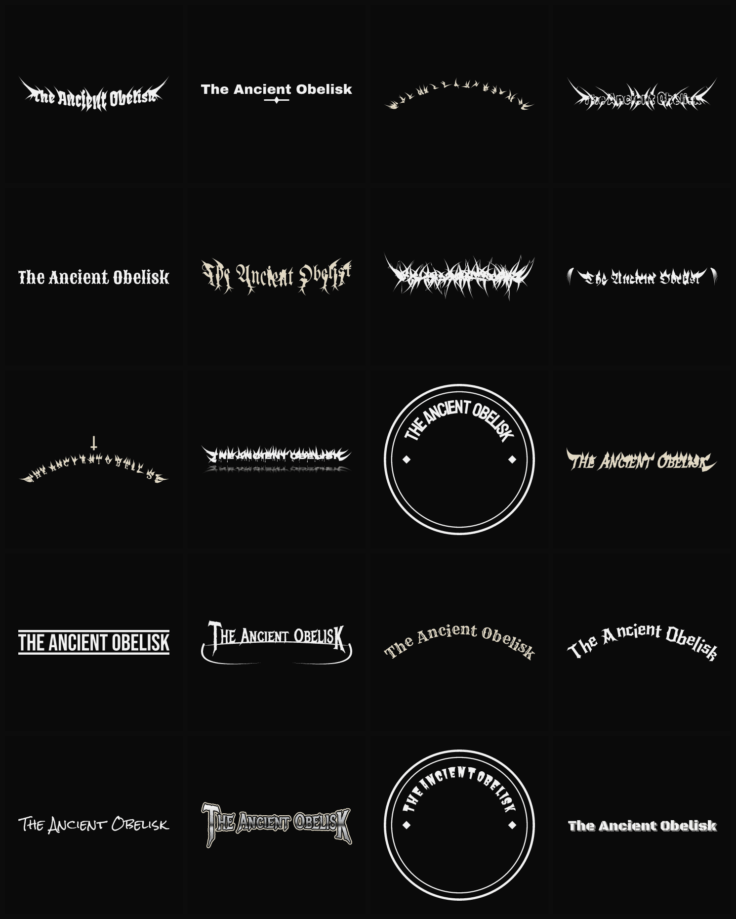 Twenty The Ancient Obelisk band logo ideas — different faces, treatments and spike settings