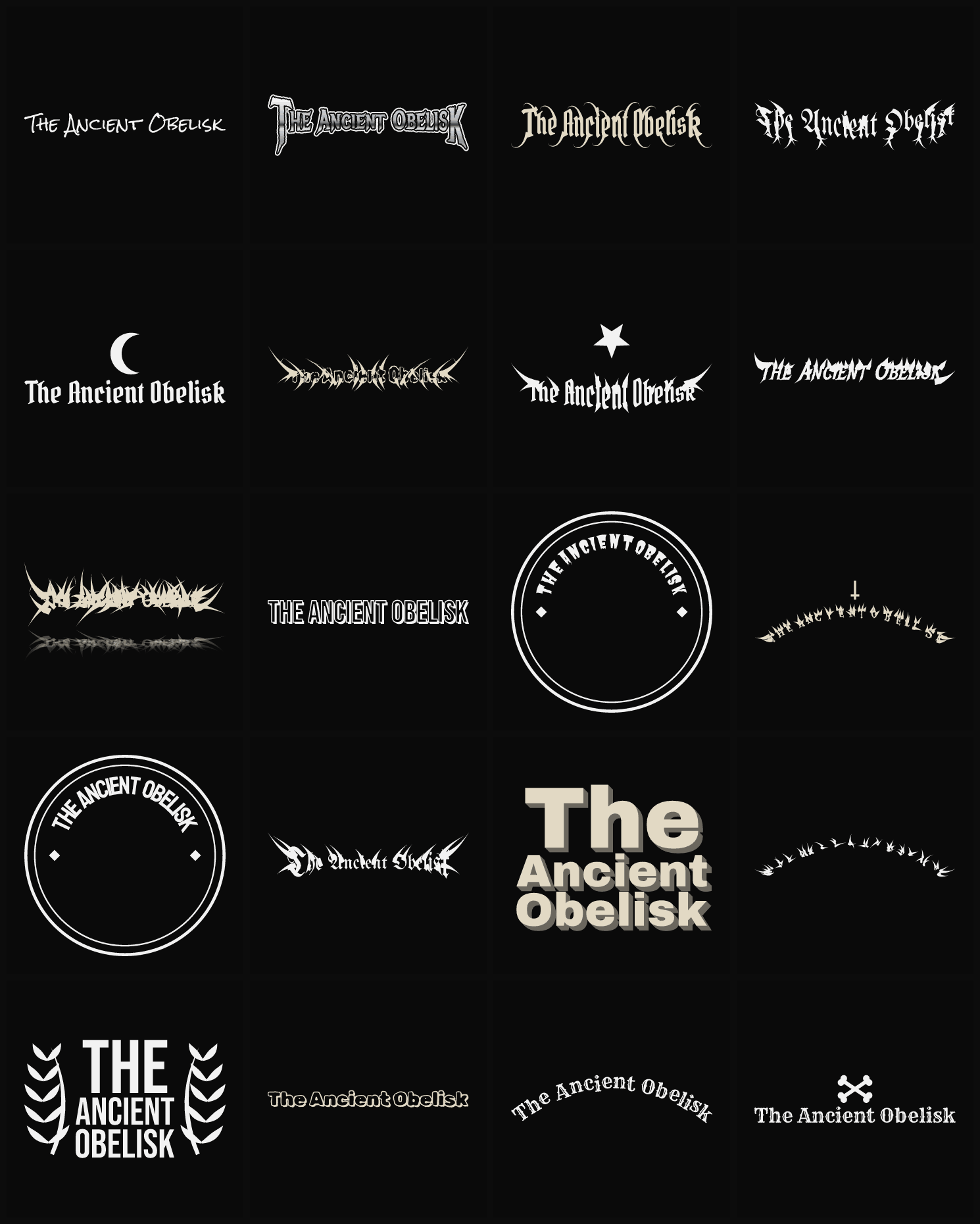 Twenty The Ancient Obelisk band logo ideas — different faces, treatments and spike settings