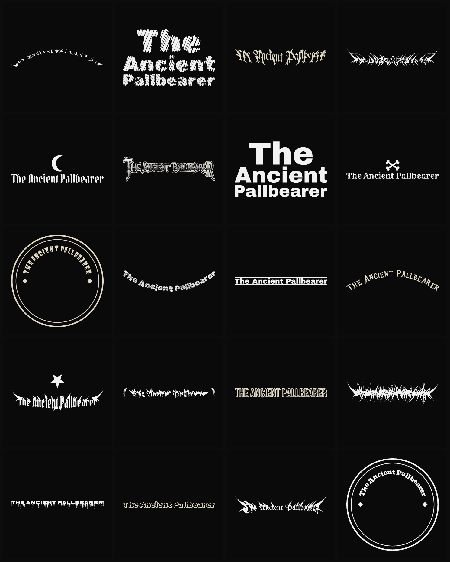 Twenty The Ancient Pallbearer band logo ideas — different faces, treatments and spike settings