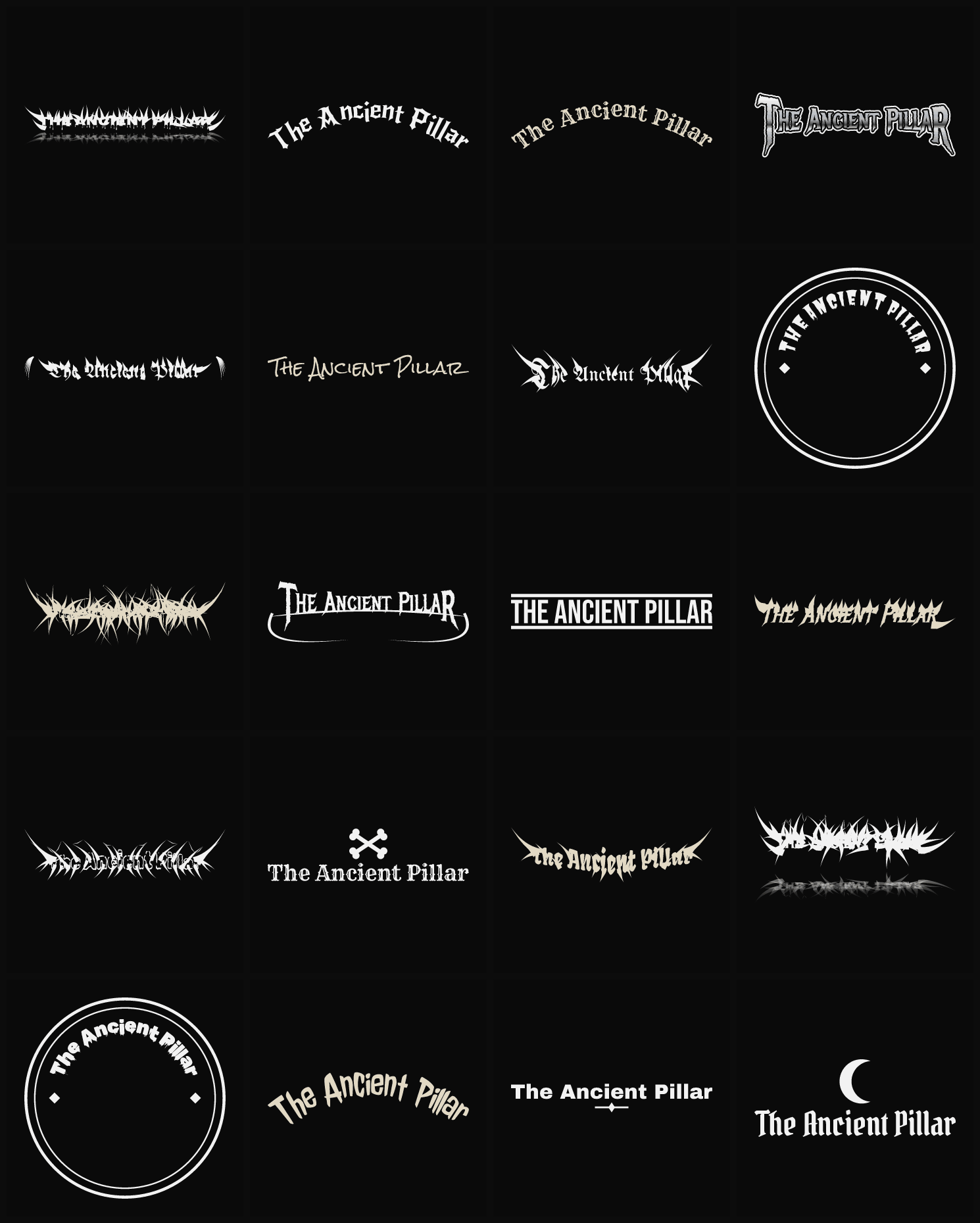 Twenty The Ancient Pillar band logo ideas — different faces, treatments and spike settings