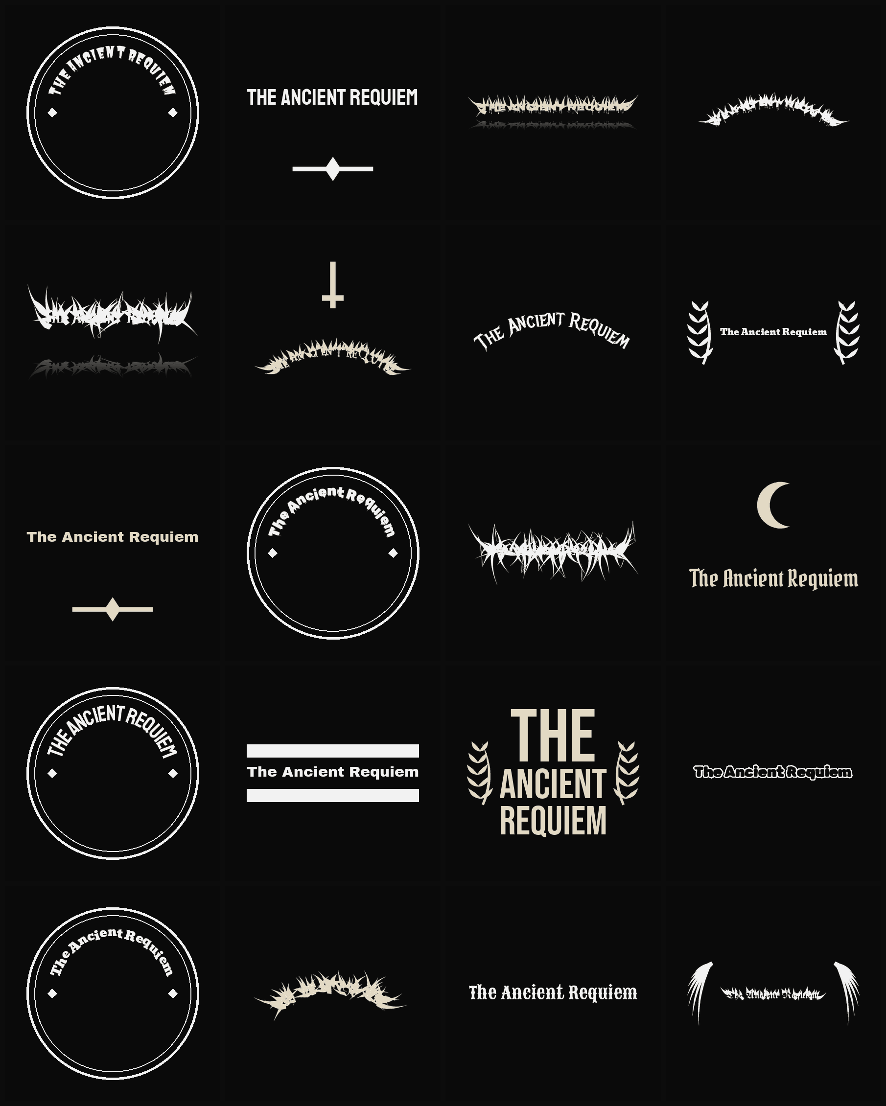 Twenty The Ancient Requiem band logo ideas — different faces, treatments and spike settings
