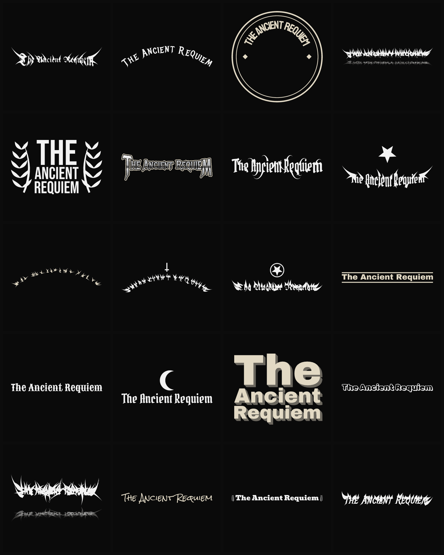 Twenty The Ancient Requiem band logo ideas — different faces, treatments and spike settings