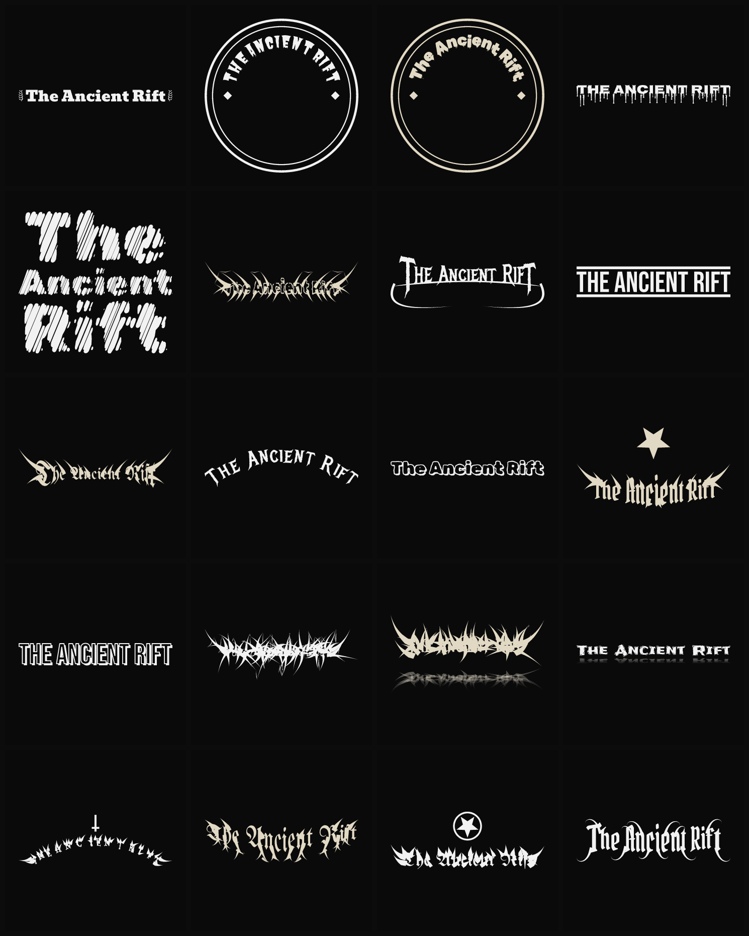 Twenty The Ancient Rift band logo ideas — different faces, treatments and spike settings