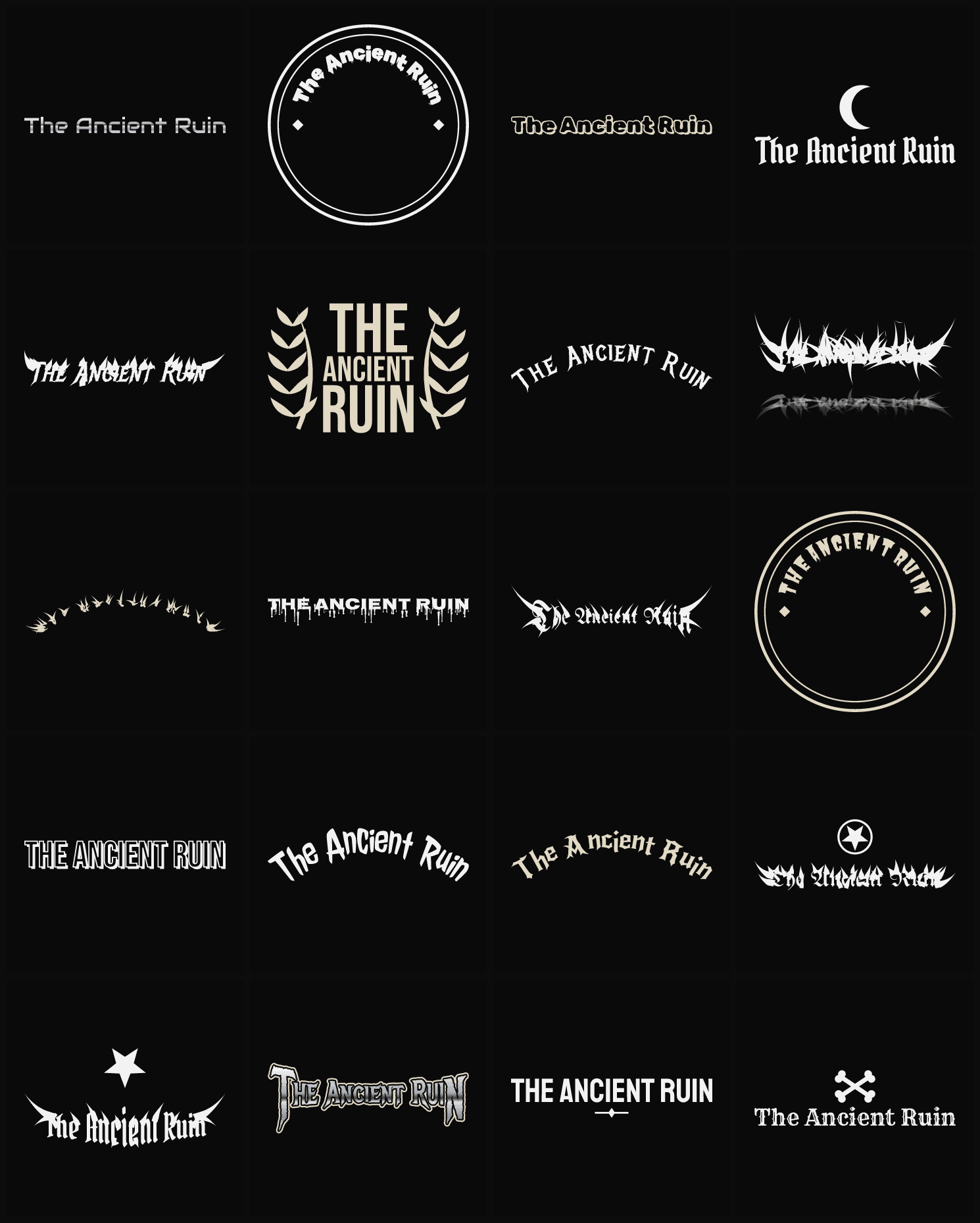 Twenty The Ancient Ruin band logo ideas — different faces, treatments and spike settings