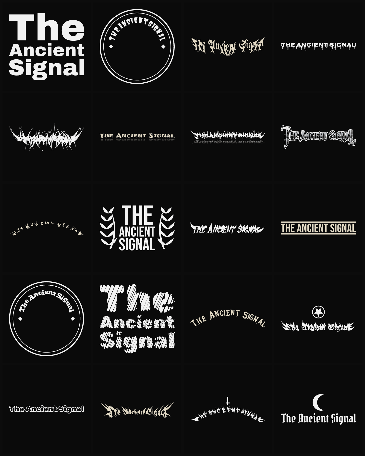 Twenty The Ancient Signal band logo ideas — different faces, treatments and spike settings
