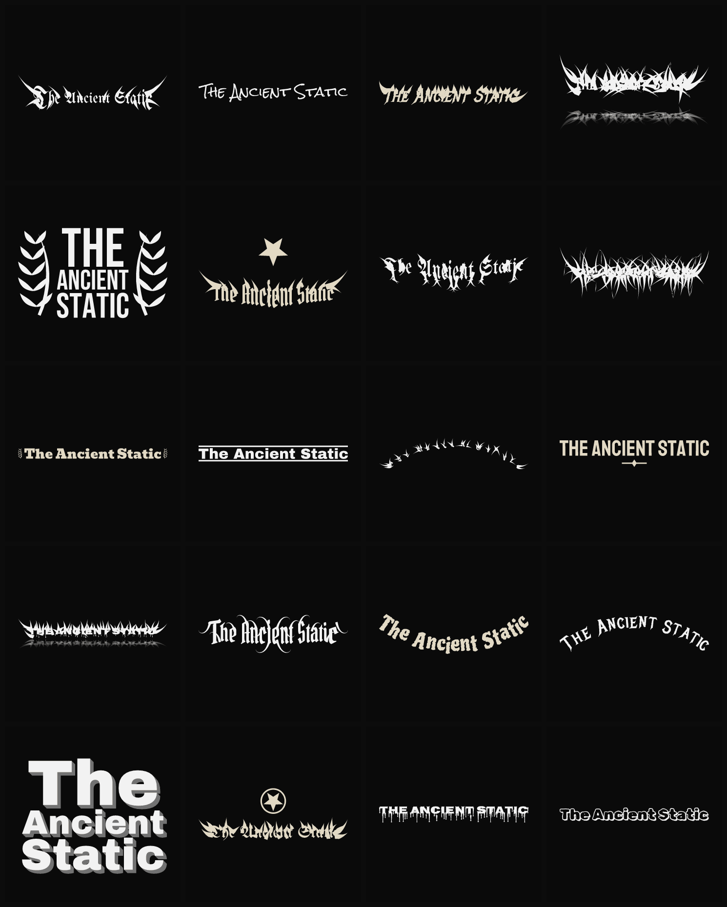 Twenty The Ancient Static band logo ideas — different faces, treatments and spike settings