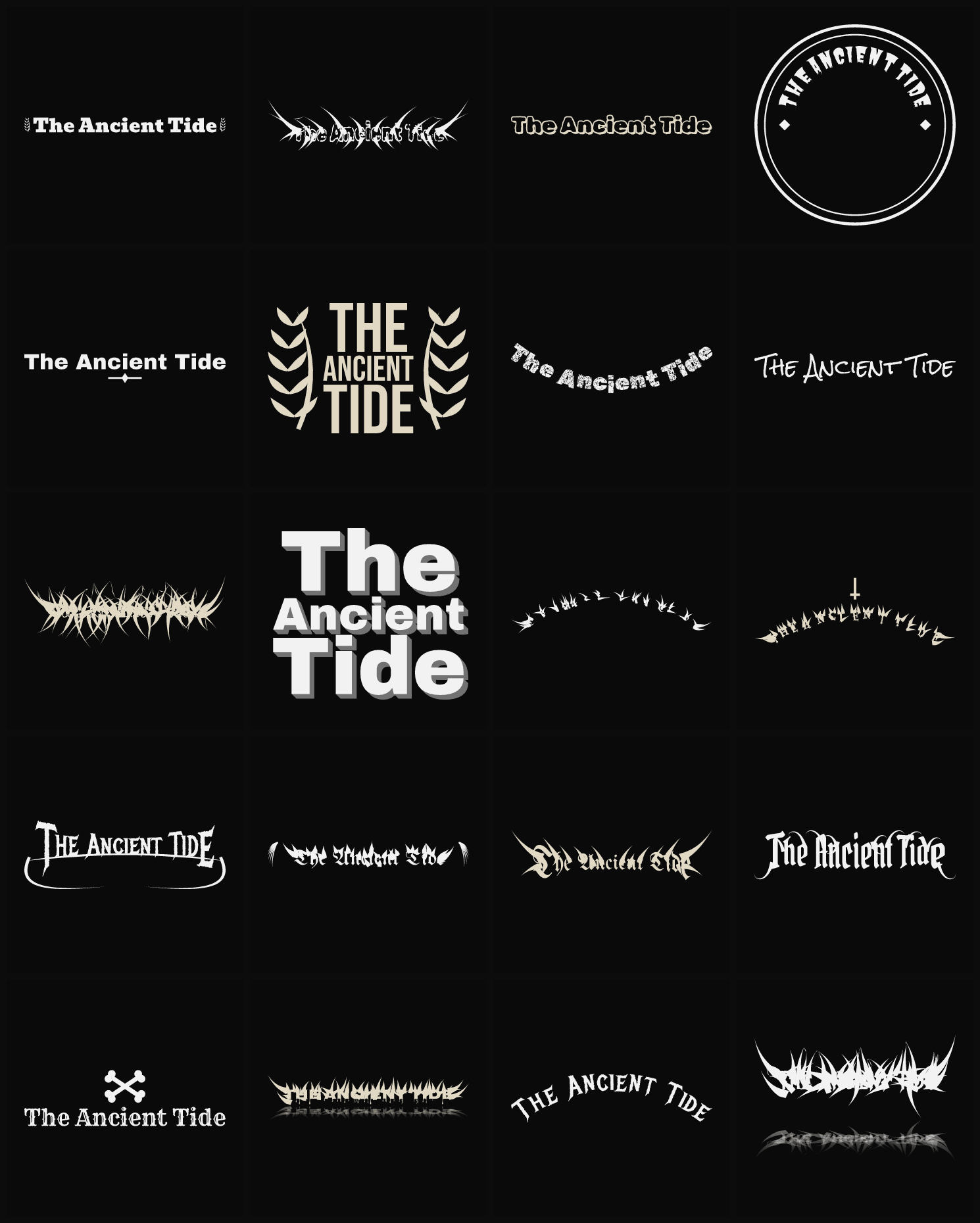 Twenty The Ancient Tide band logo ideas — different faces, treatments and spike settings