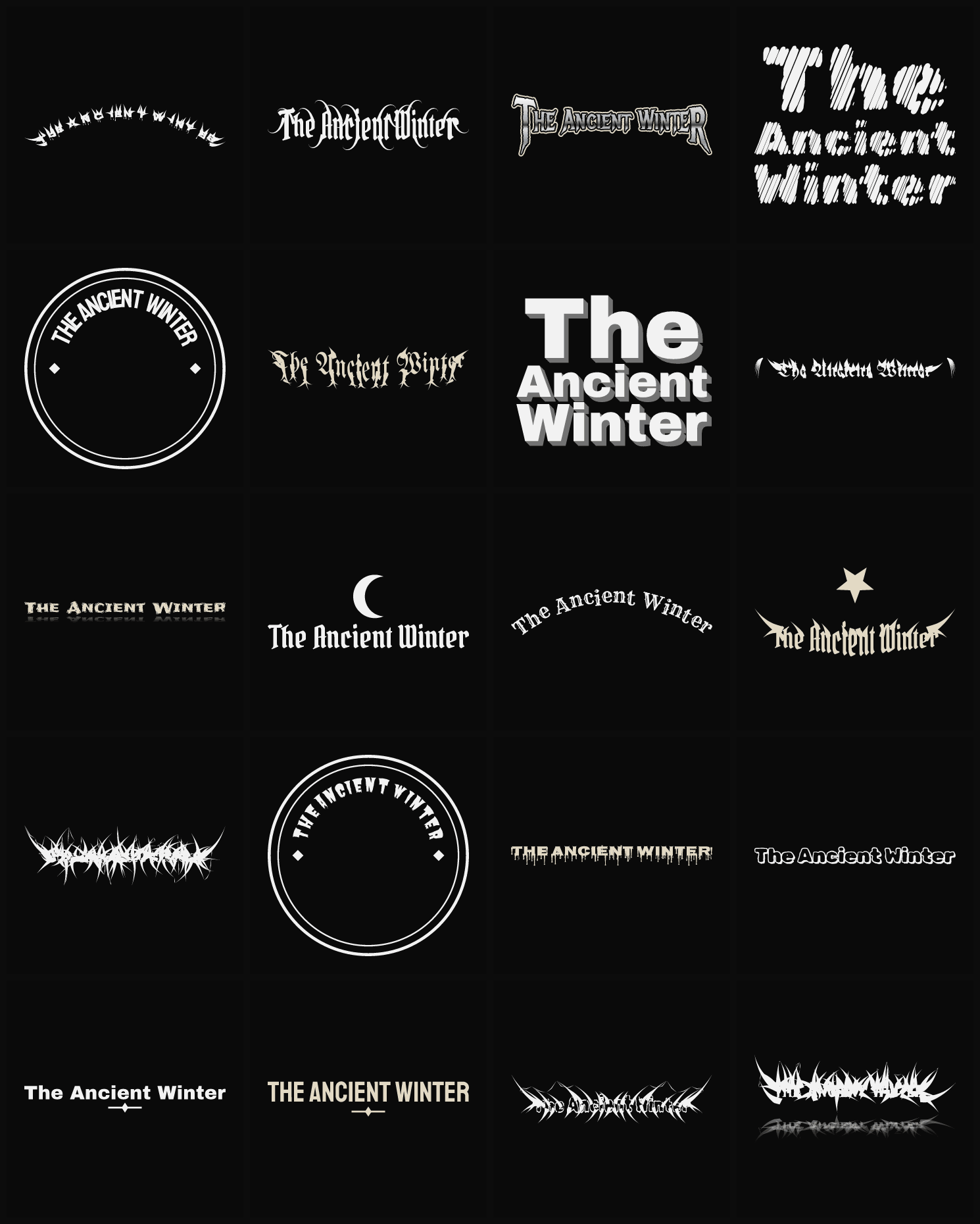 Twenty The Ancient Winter band logo ideas — different faces, treatments and spike settings