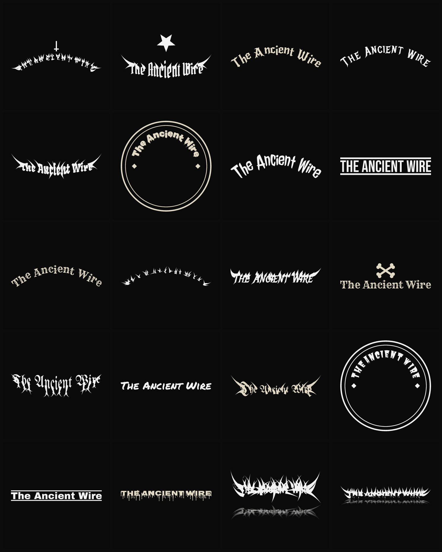 Twenty The Ancient Wire band logo ideas — different faces, treatments and spike settings