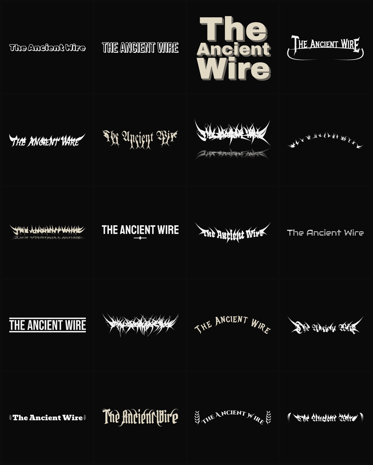 Twenty The Ancient Wire band logo ideas — different faces, treatments and spike settings