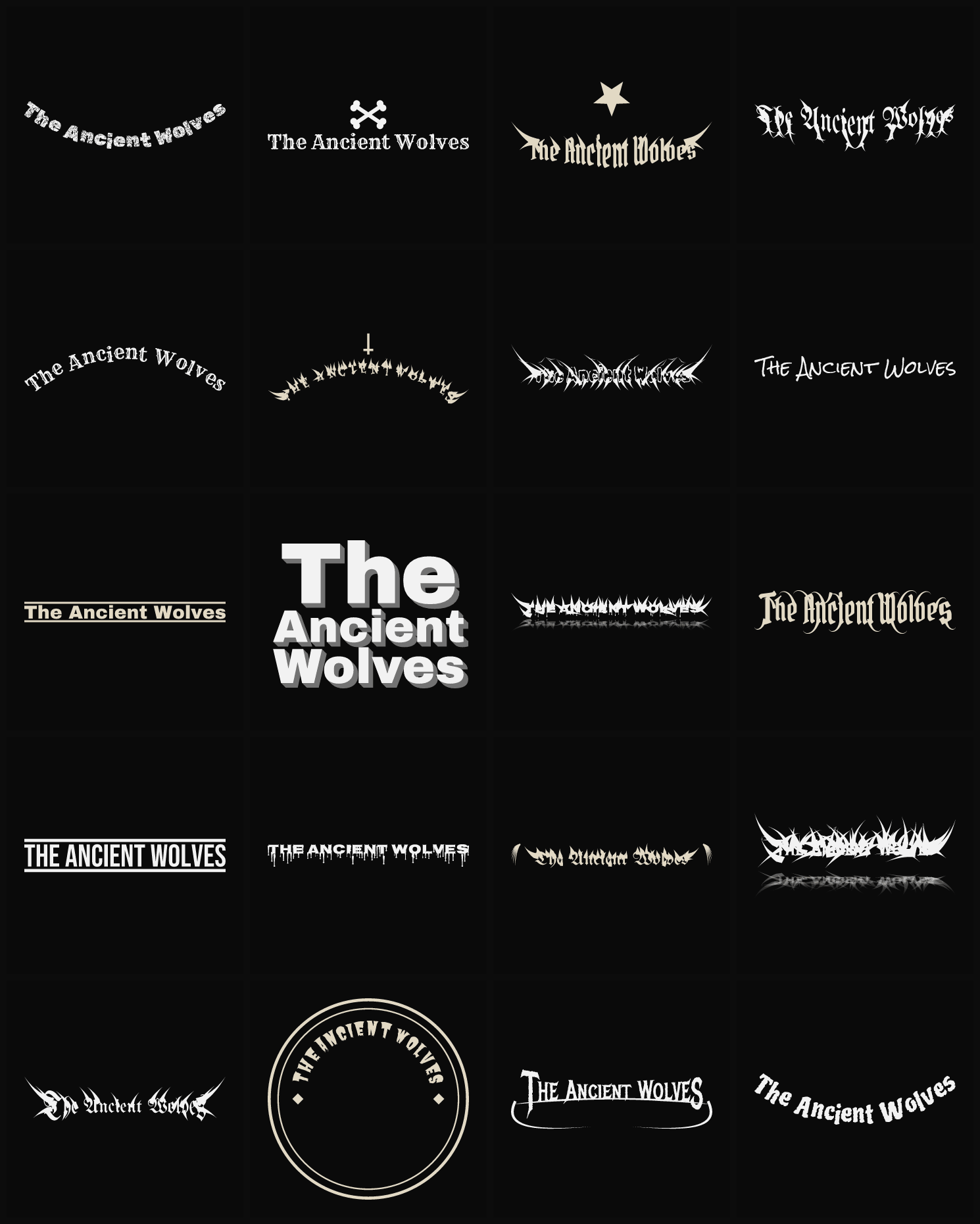 Twenty The Ancient Wolves band logo ideas — different faces, treatments and spike settings