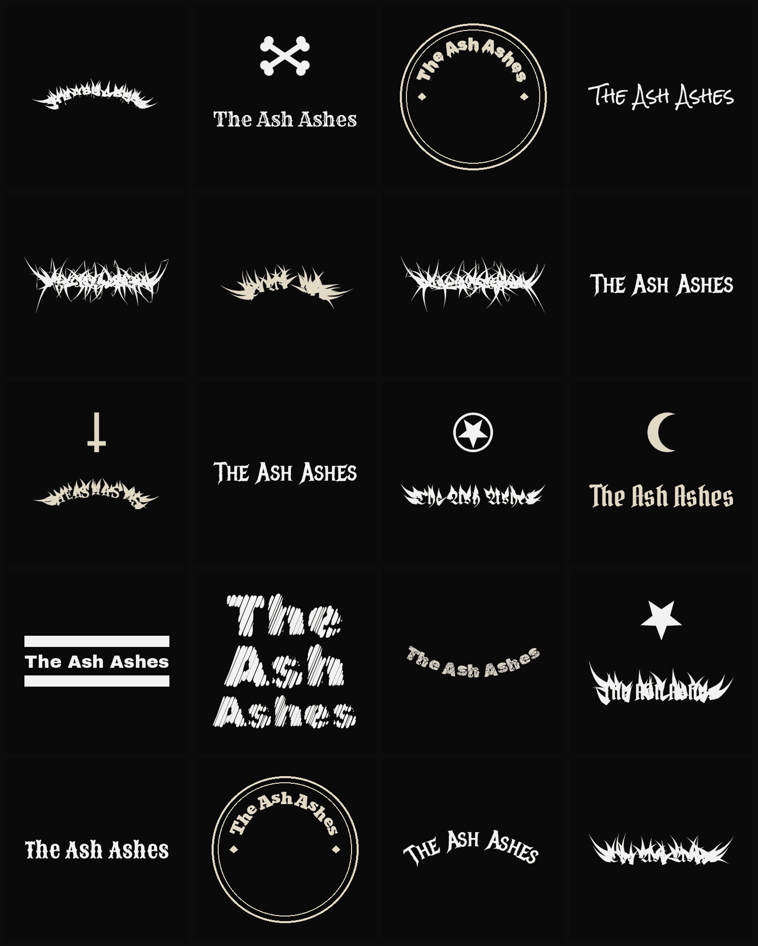 Twenty The Ash Ashes band logo ideas — different faces, treatments and spike settings