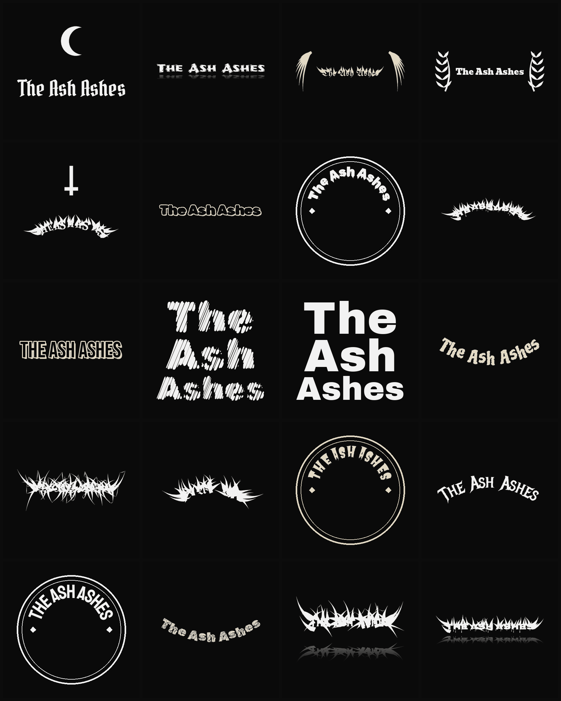 Twenty The Ash Ashes band logo ideas — different faces, treatments and spike settings