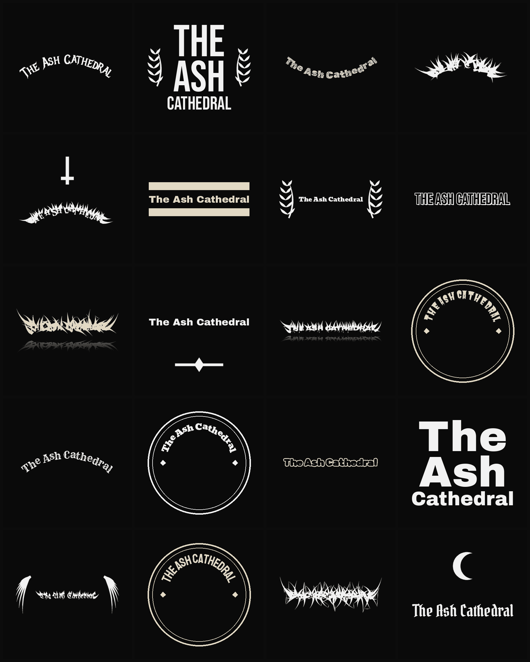 Twenty The Ash Cathedral band logo ideas — different faces, treatments and spike settings