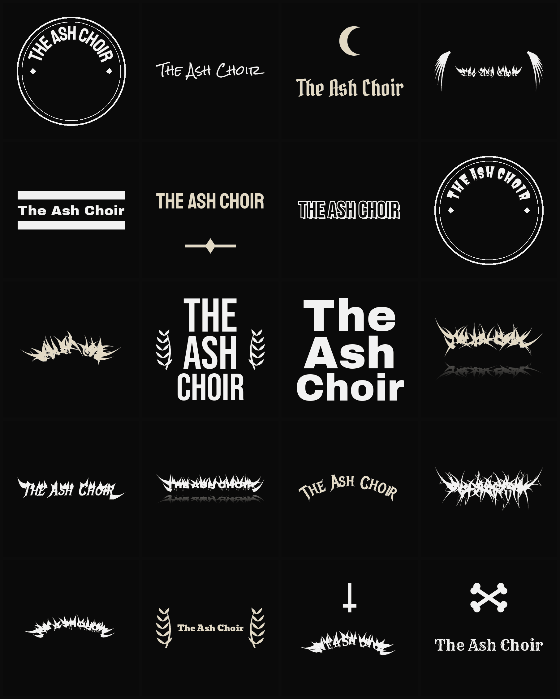 Twenty The Ash Choir band logo ideas — different faces, treatments and spike settings