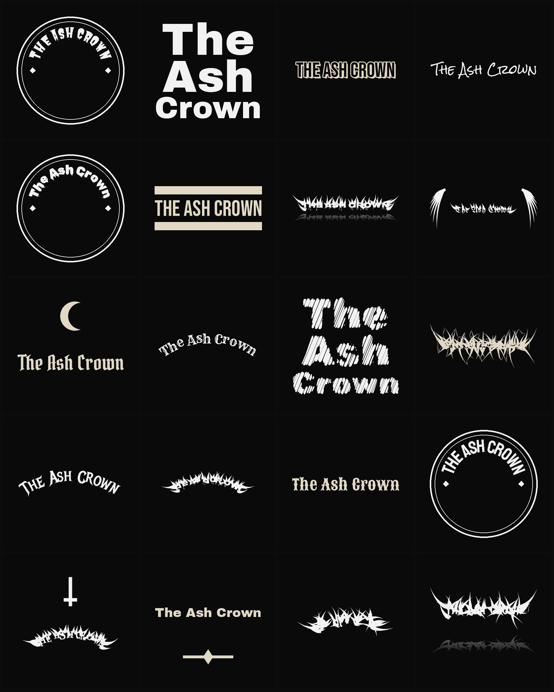Twenty The Ash Crown band logo ideas — different faces, treatments and spike settings