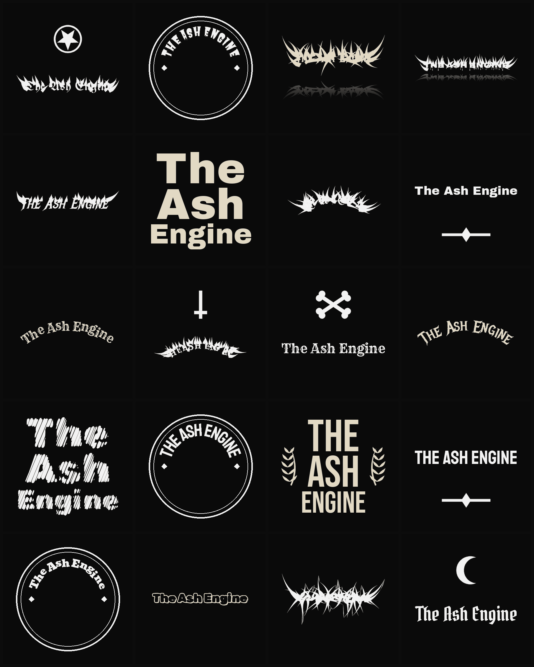 Twenty The Ash Engine band logo ideas — different faces, treatments and spike settings