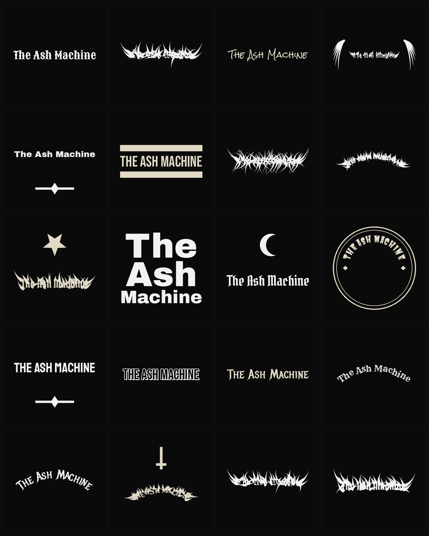 Twenty The Ash Machine band logo ideas — different faces, treatments and spike settings