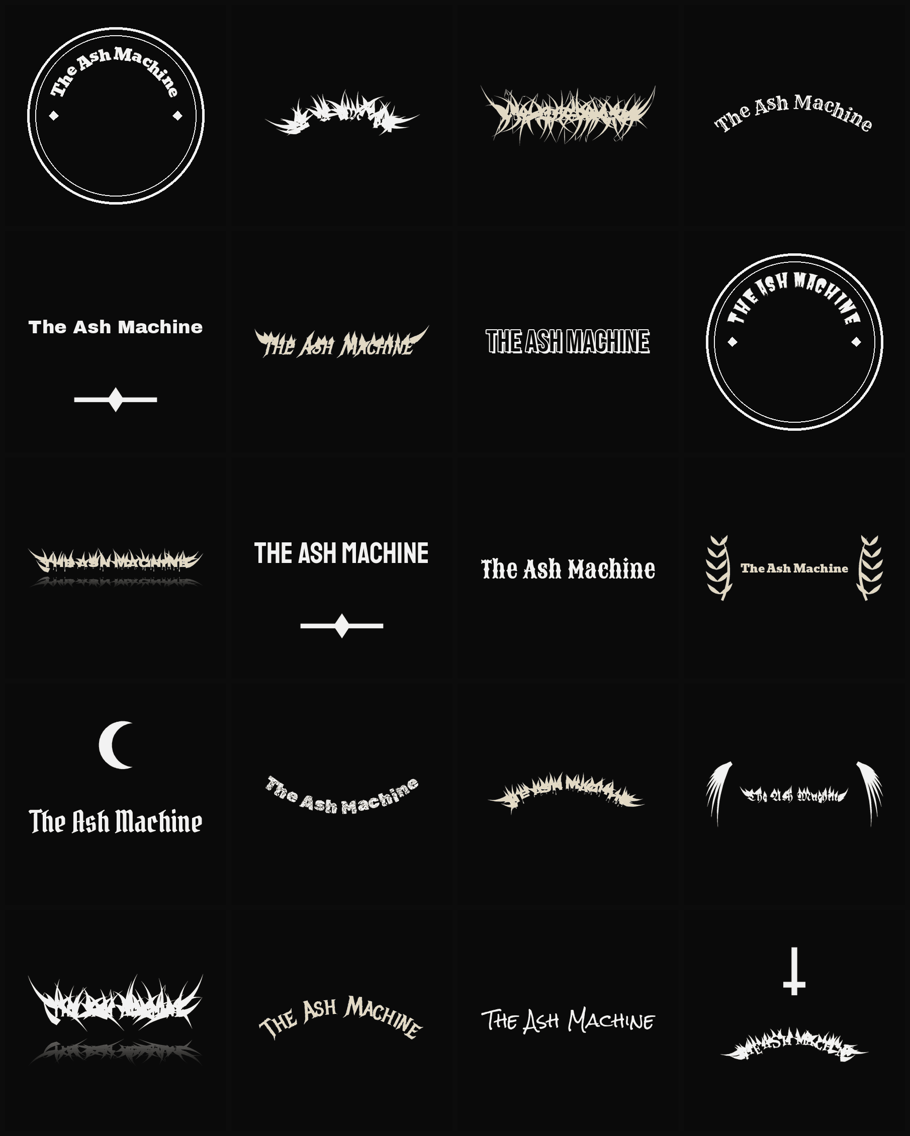 Twenty The Ash Machine band logo ideas — different faces, treatments and spike settings