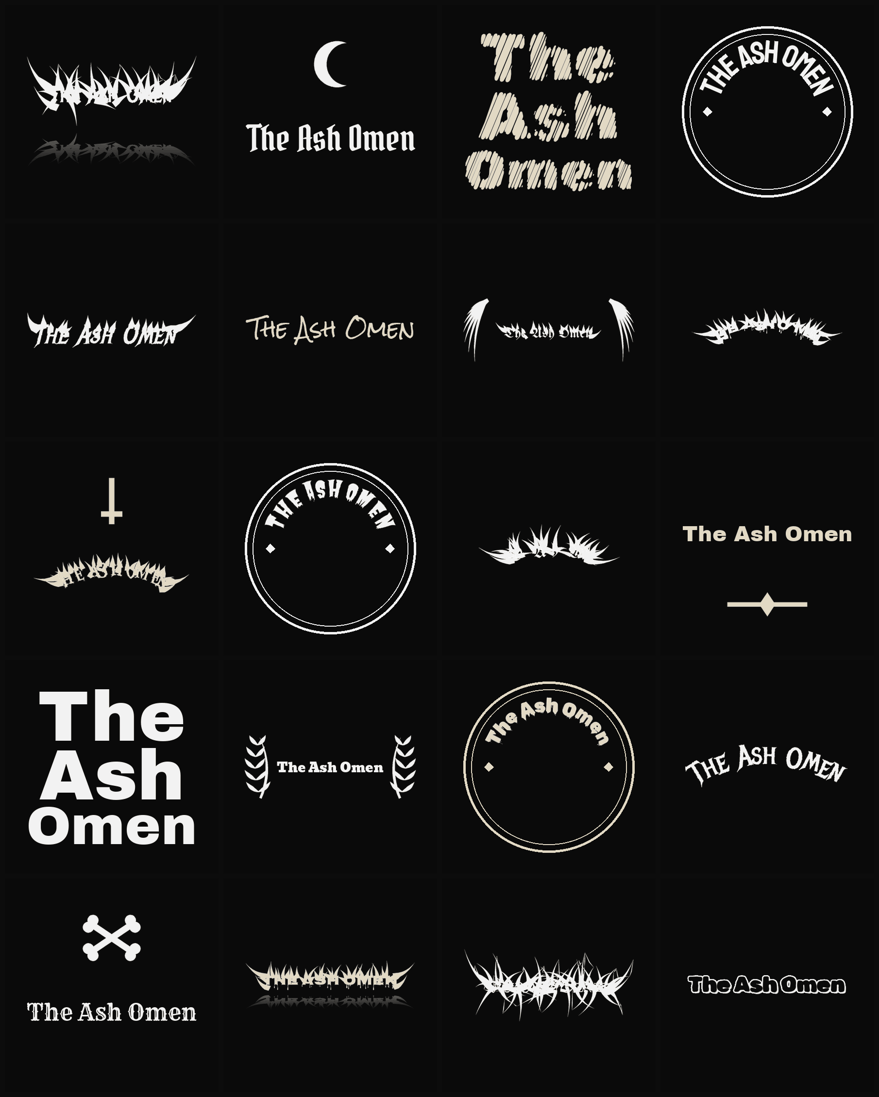 Twenty The Ash Omen band logo ideas — different faces, treatments and spike settings
