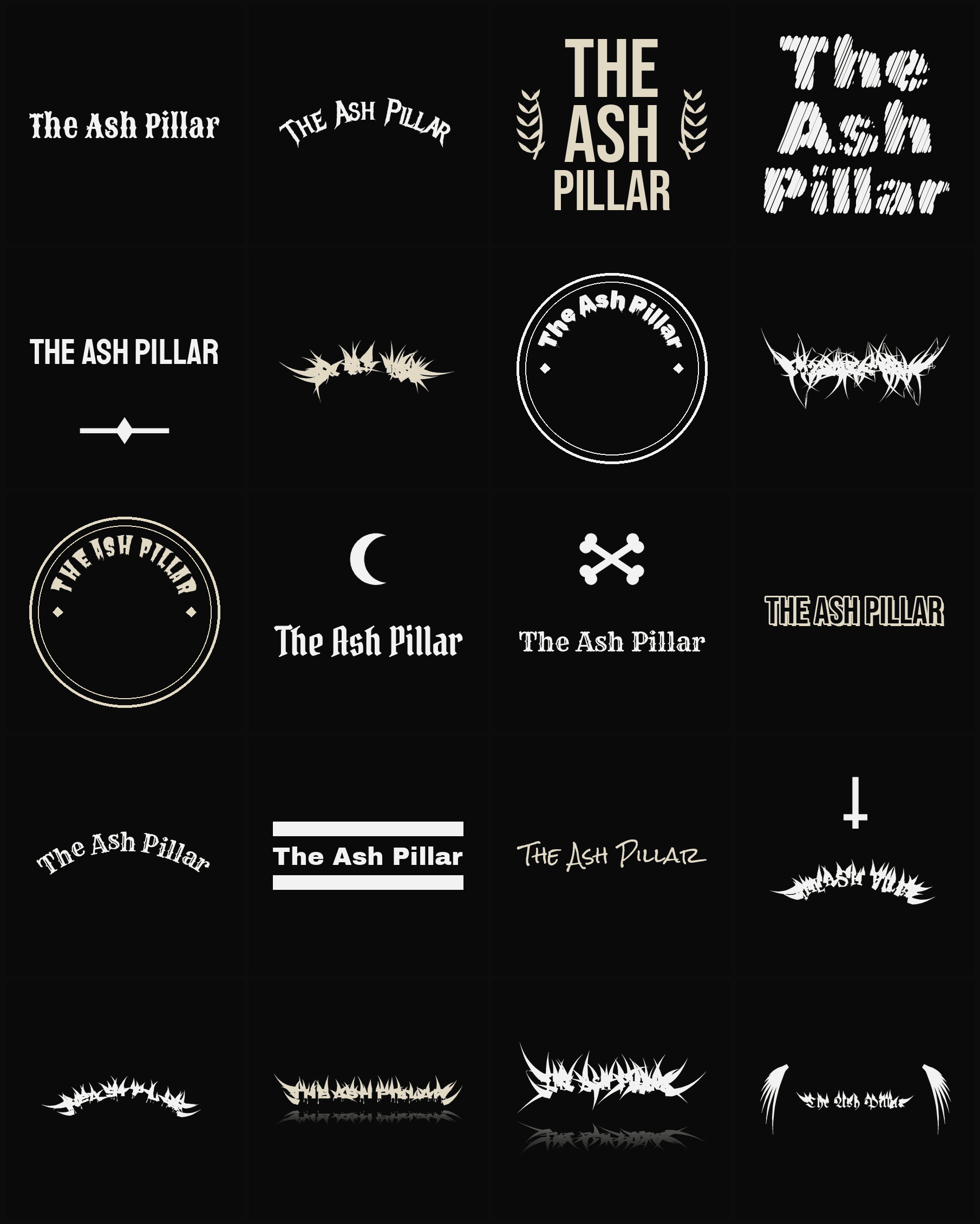 Twenty The Ash Pillar band logo ideas — different faces, treatments and spike settings