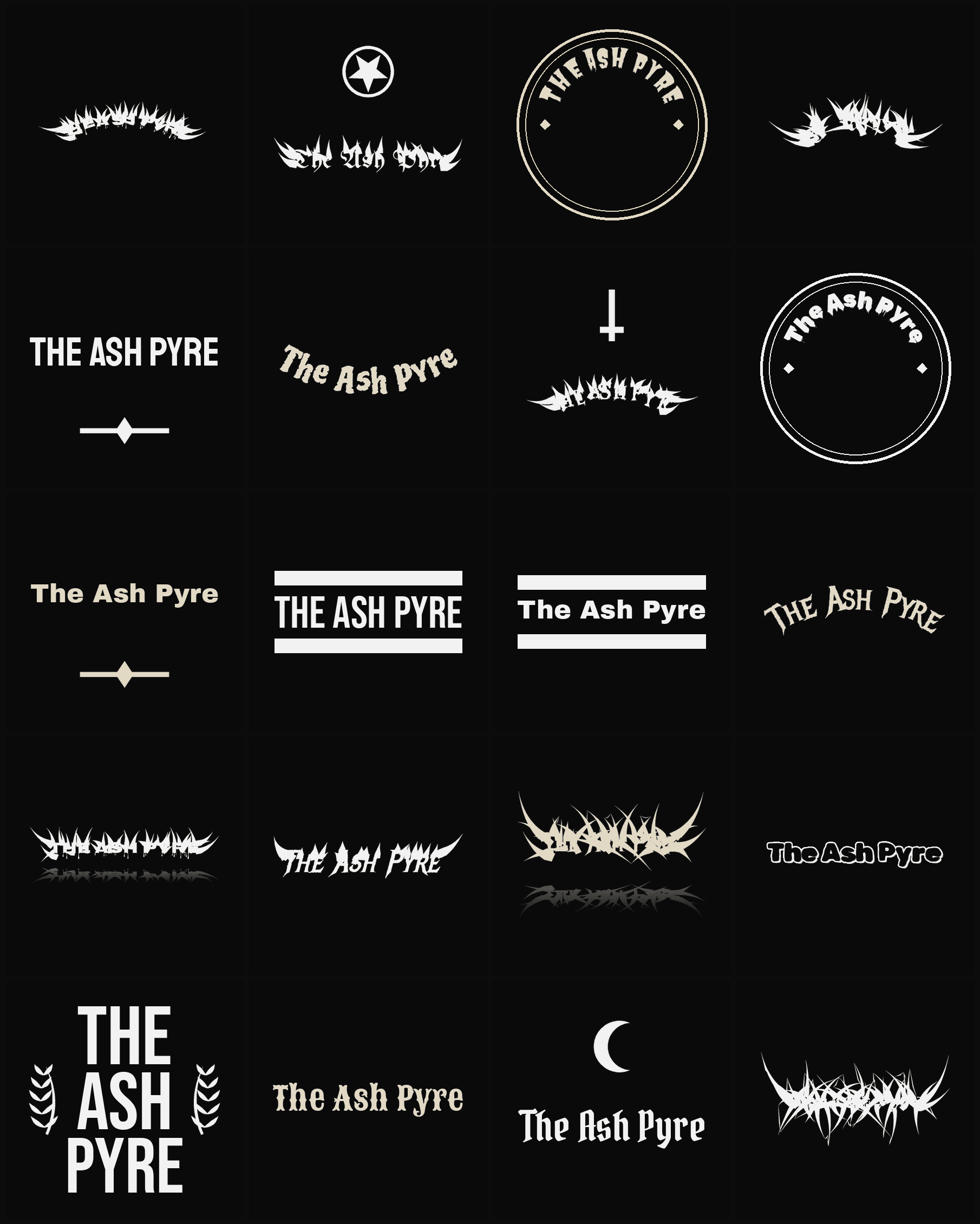 Twenty The Ash Pyre band logo ideas — different faces, treatments and spike settings