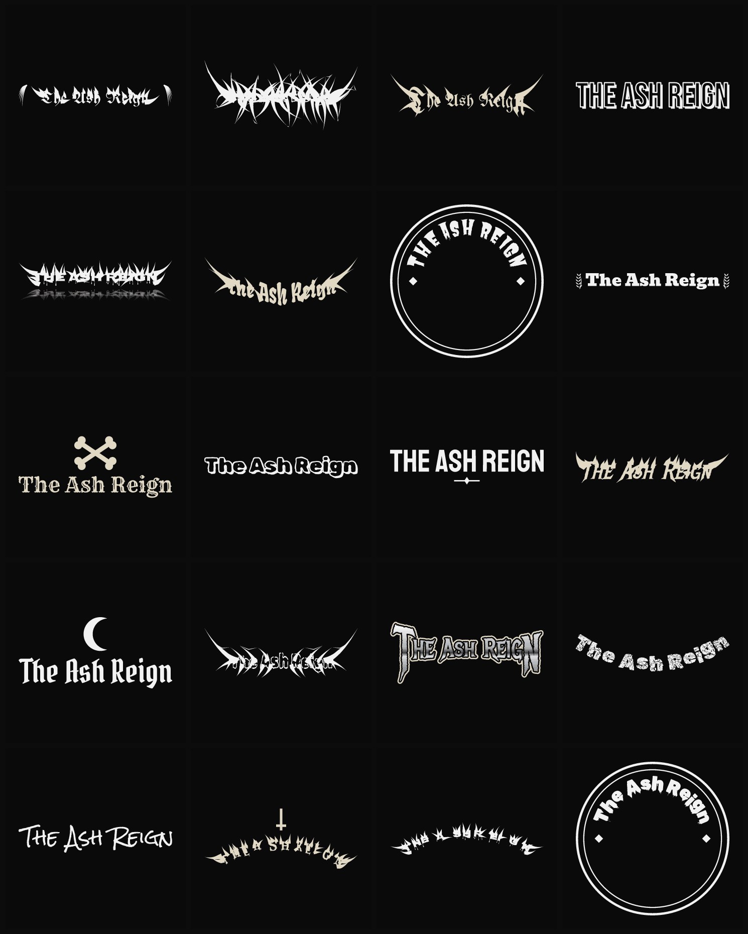 Twenty The Ash Reign band logo ideas — different faces, treatments and spike settings