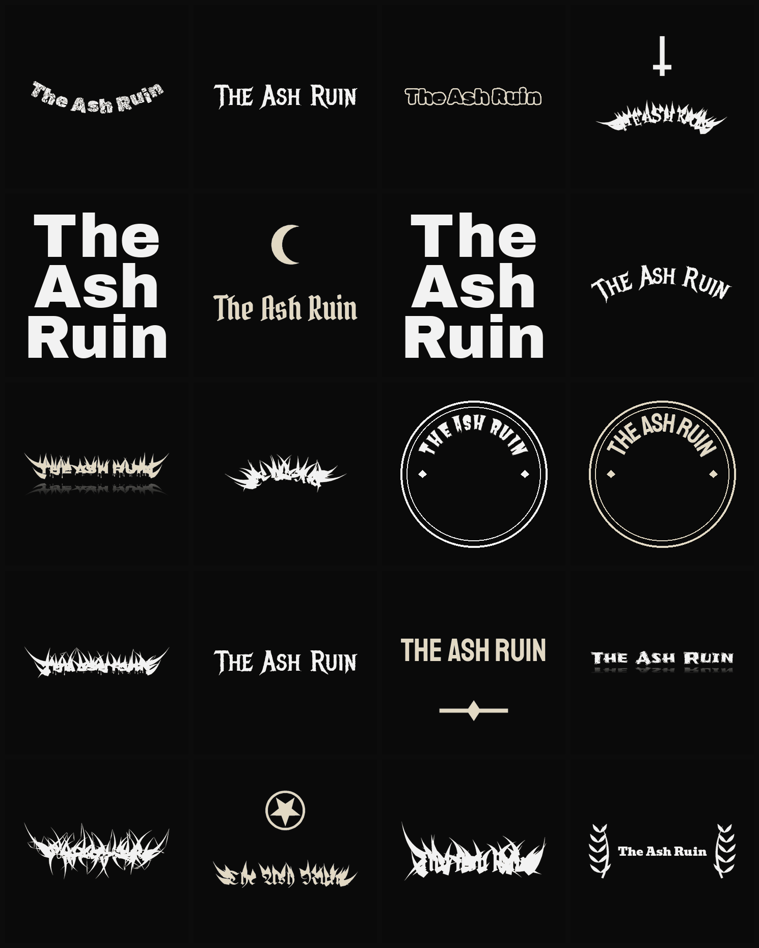 Twenty The Ash Ruin band logo ideas — different faces, treatments and spike settings
