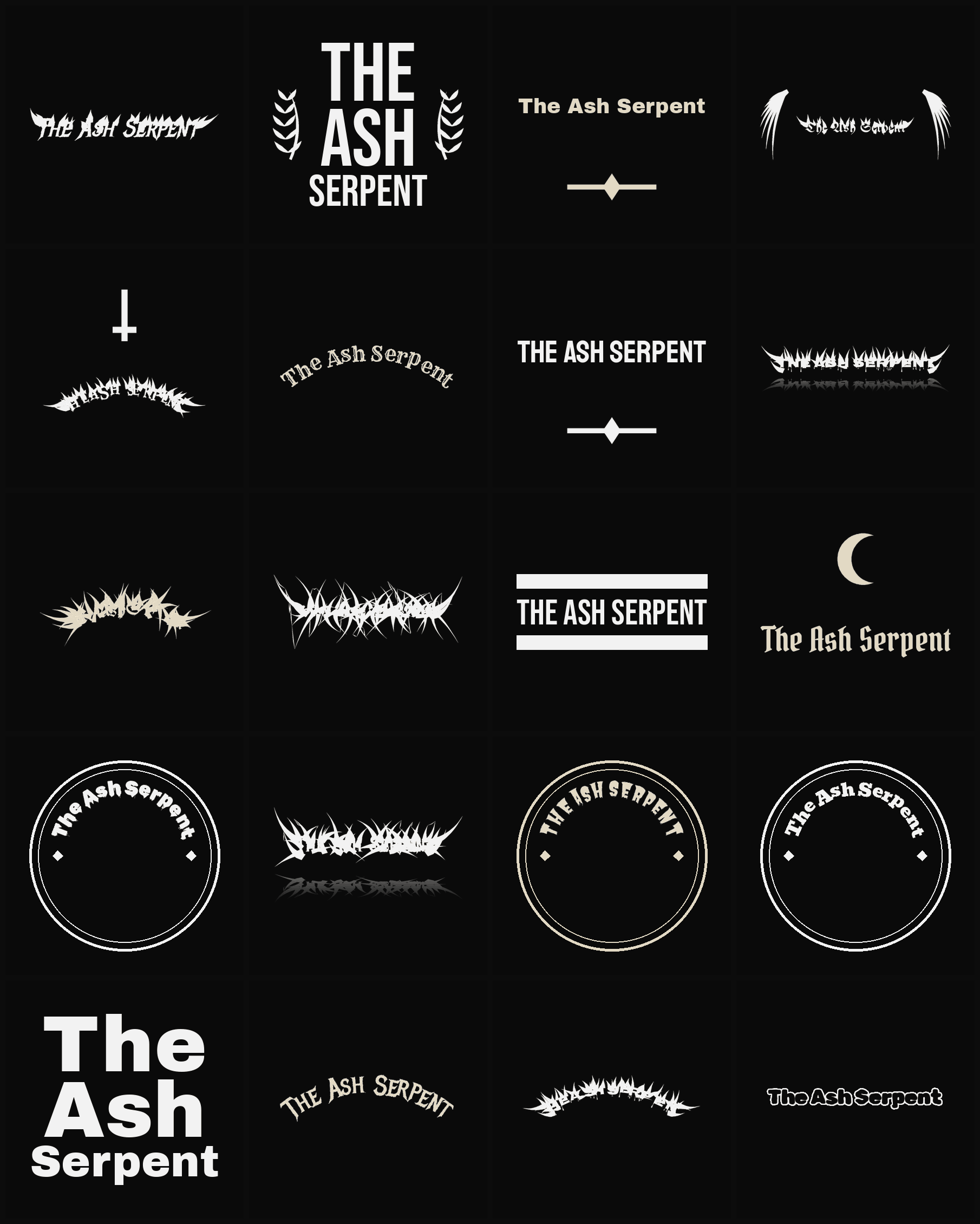 Twenty The Ash Serpent band logo ideas — different faces, treatments and spike settings