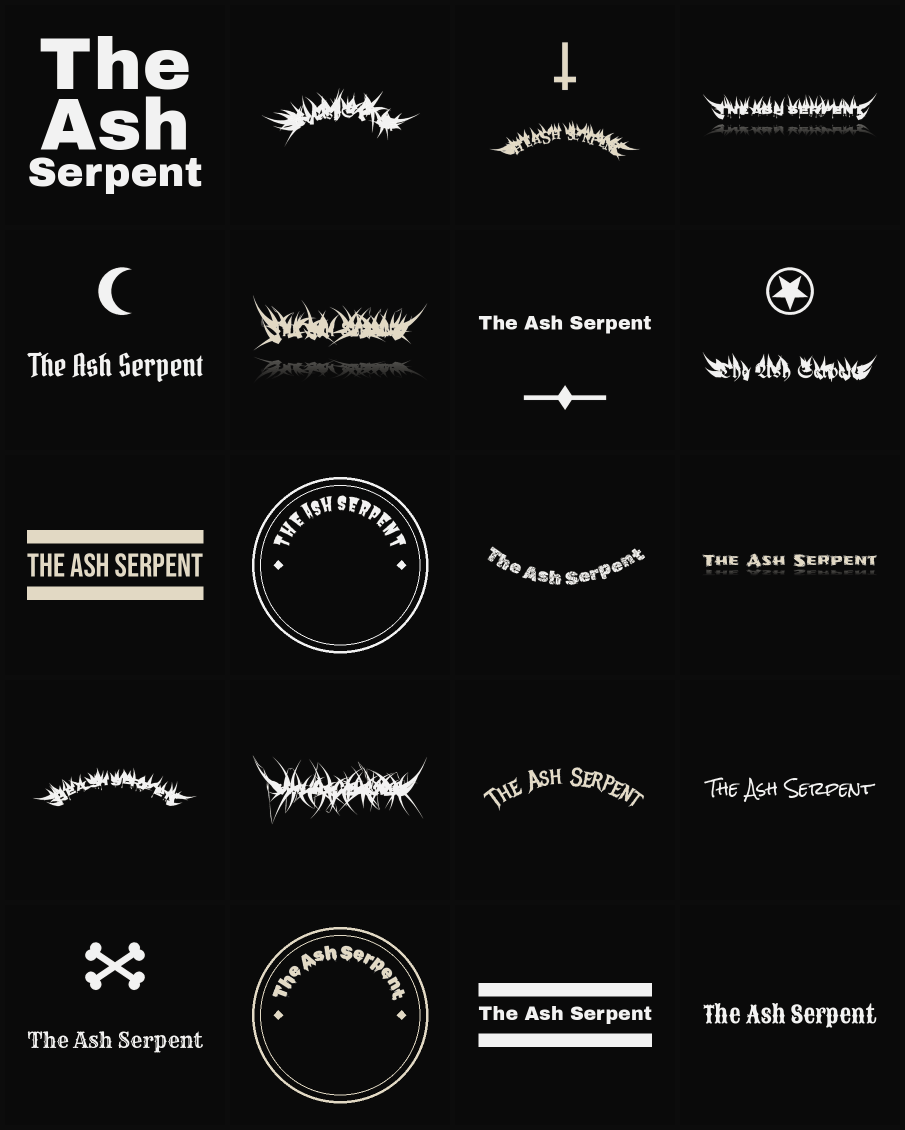 Twenty The Ash Serpent band logo ideas — different faces, treatments and spike settings
