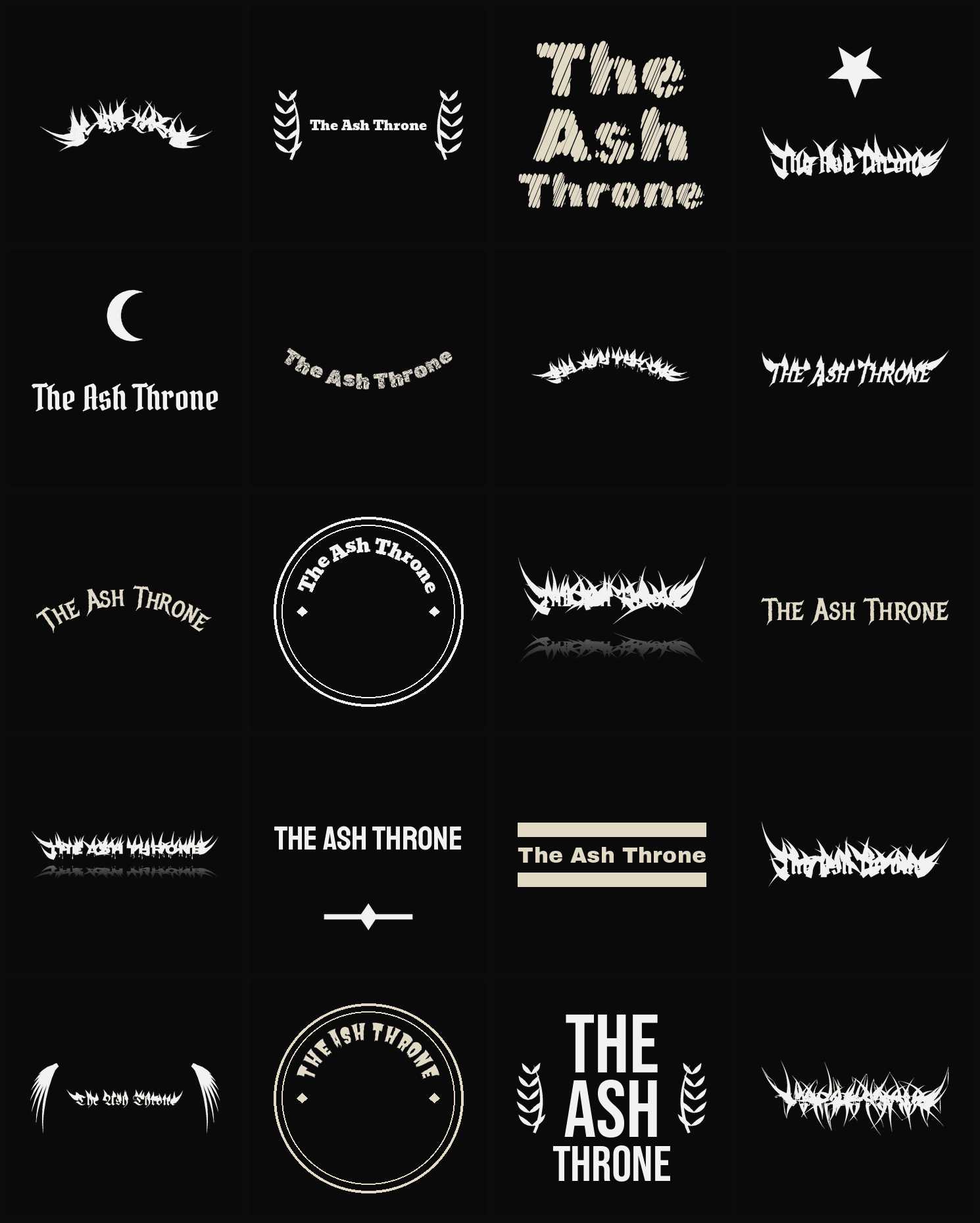 Twenty The Ash Throne band logo ideas — different faces, treatments and spike settings