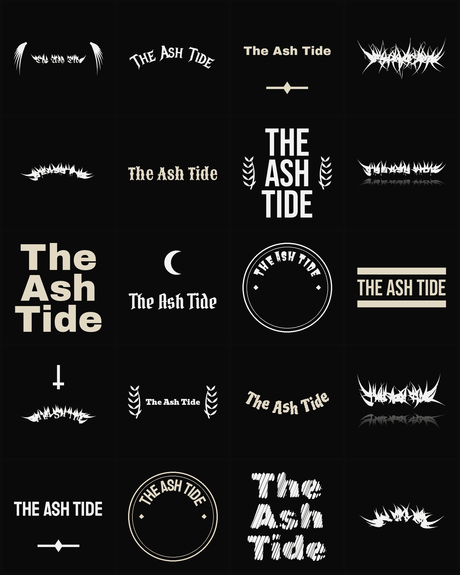 Twenty The Ash Tide band logo ideas — different faces, treatments and spike settings