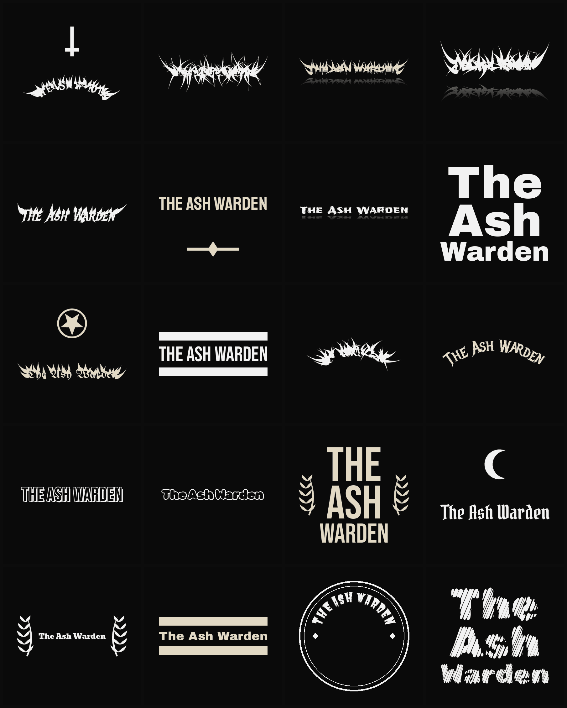 Twenty The Ash Warden band logo ideas — different faces, treatments and spike settings