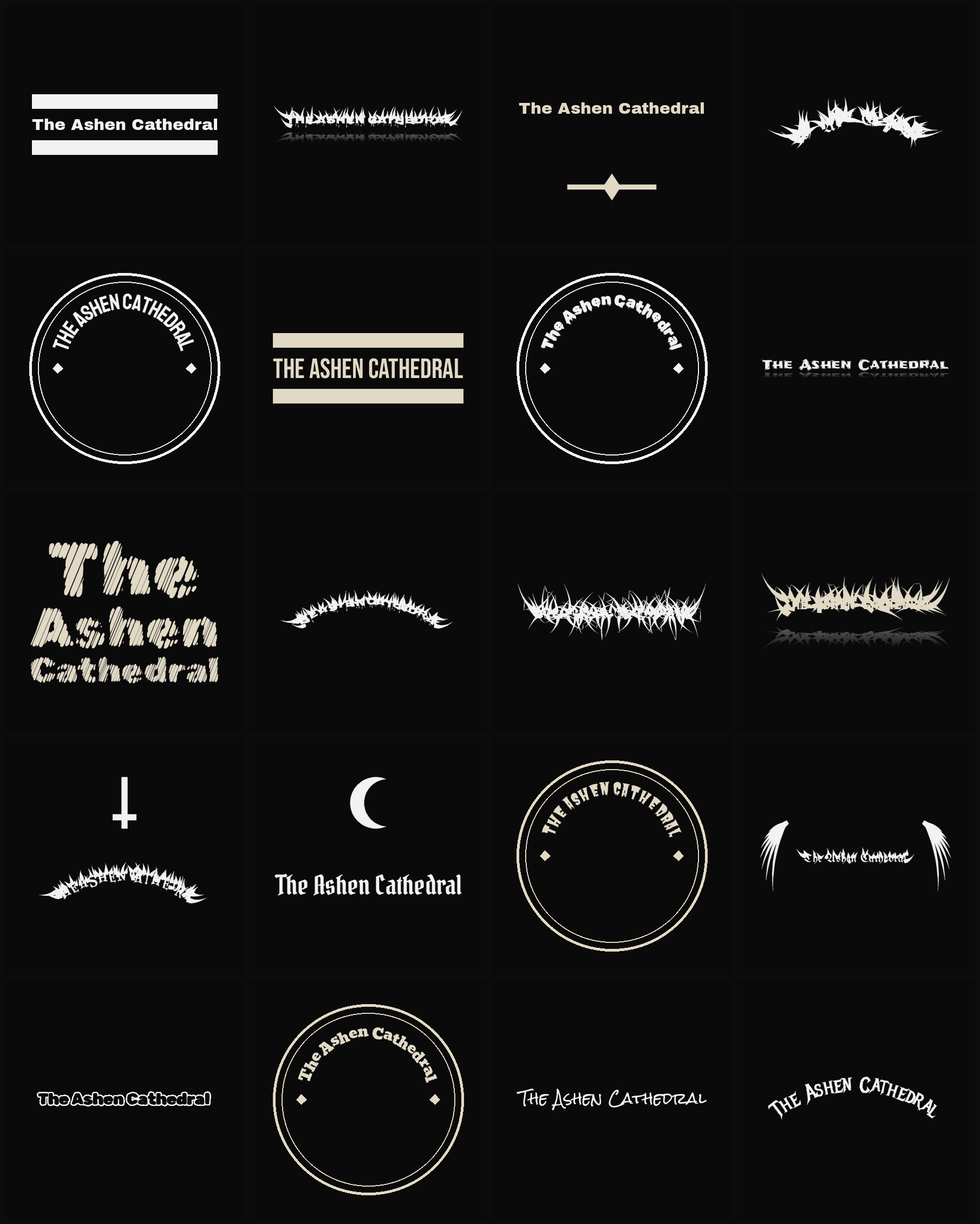 Twenty The Ashen Cathedral band logo ideas — different faces, treatments and spike settings