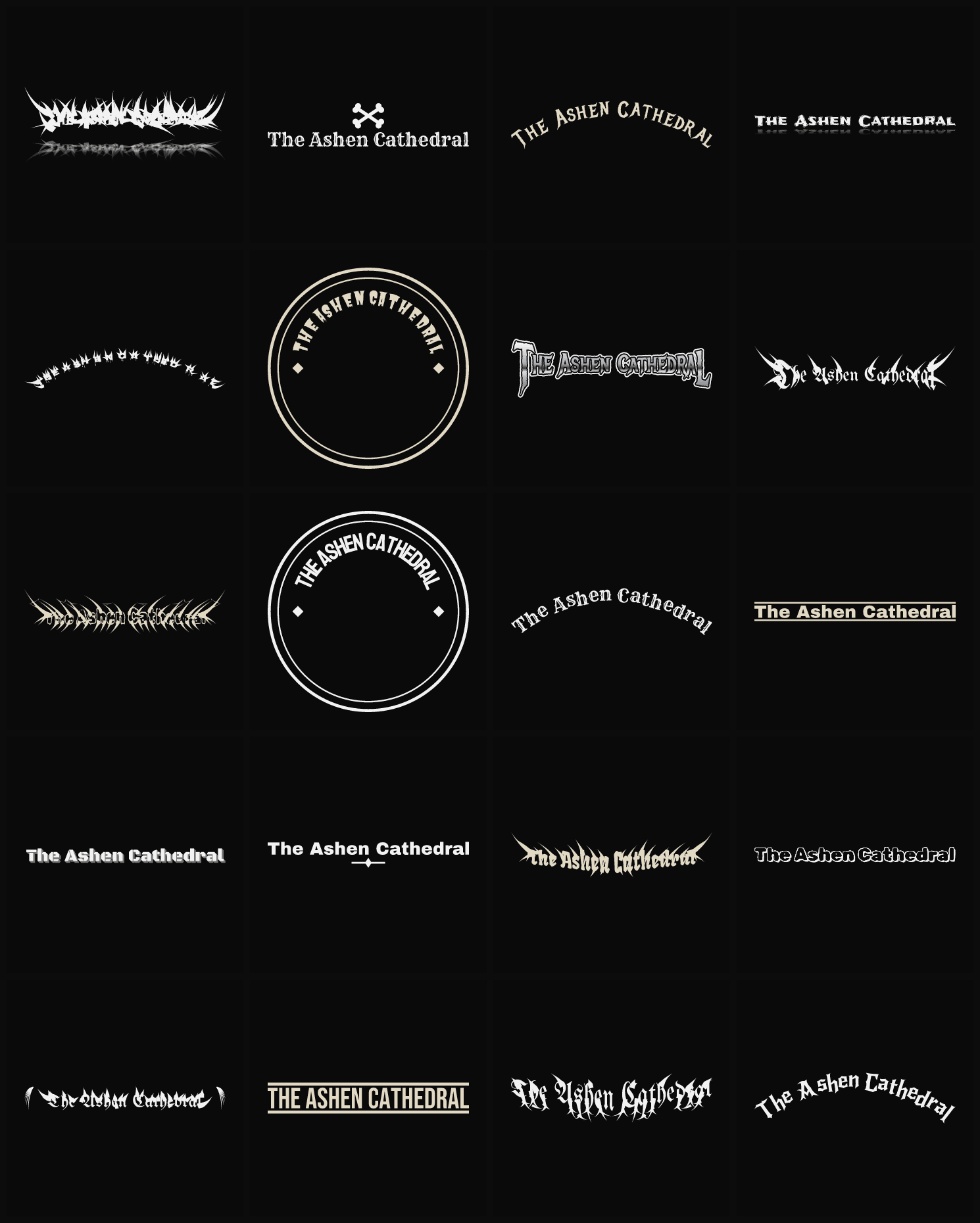 Twenty The Ashen Cathedral band logo ideas — different faces, treatments and spike settings