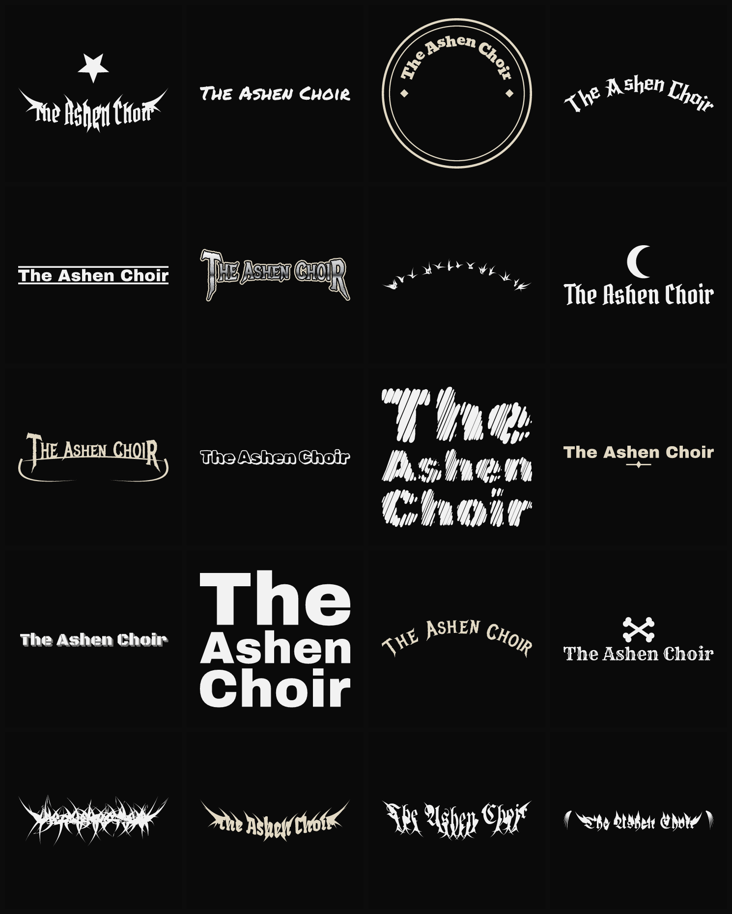 Twenty The Ashen Choir band logo ideas — different faces, treatments and spike settings