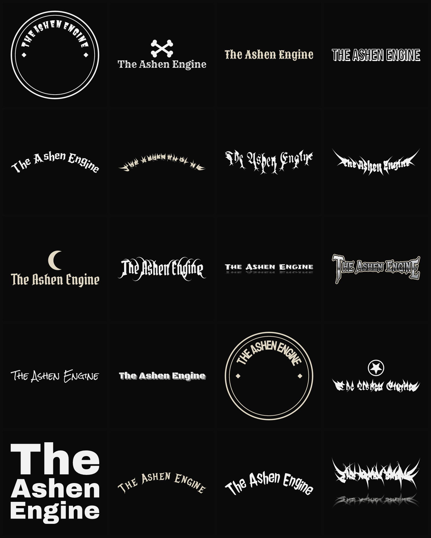 Twenty The Ashen Engine band logo ideas — different faces, treatments and spike settings