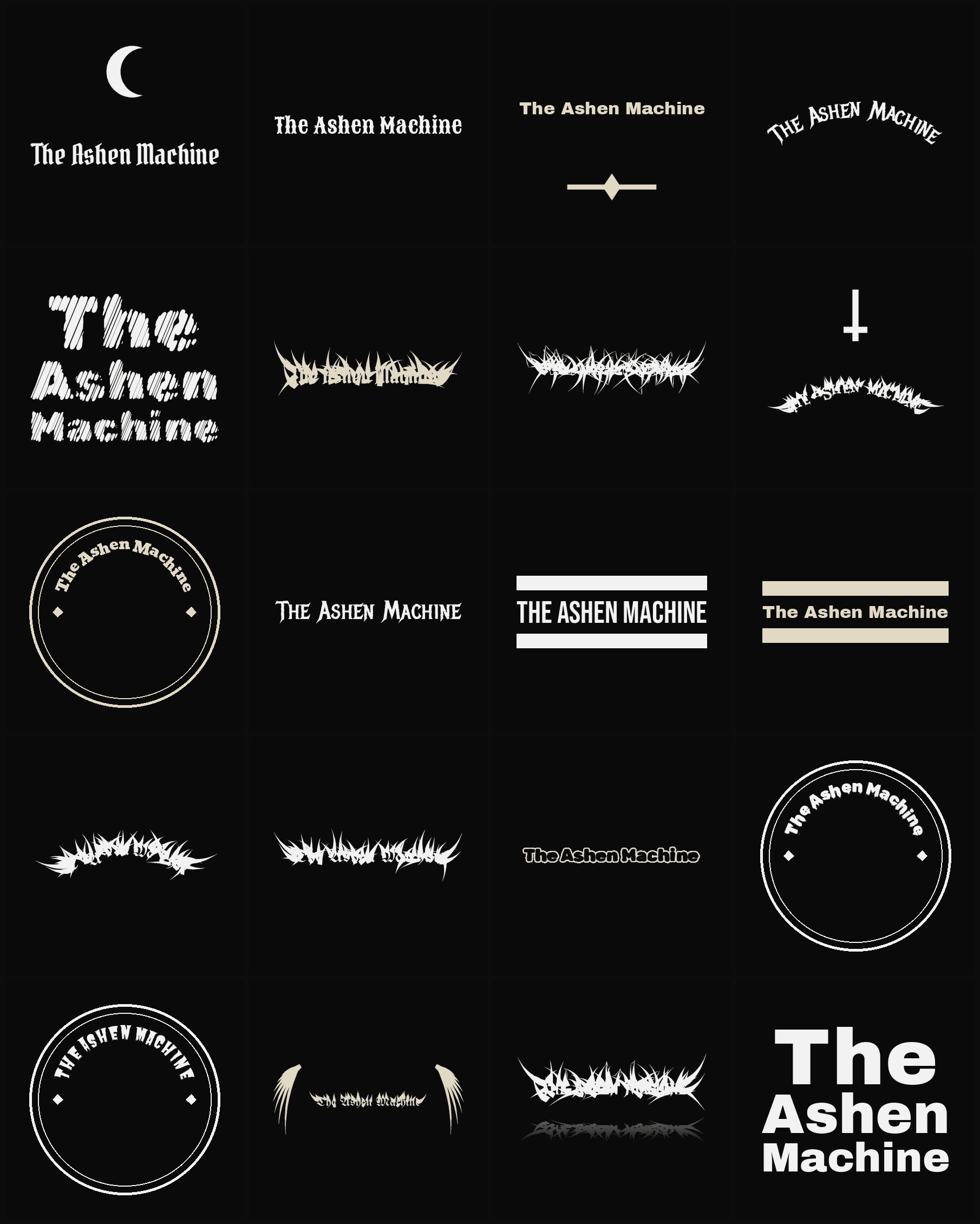 Twenty The Ashen Machine band logo ideas — different faces, treatments and spike settings