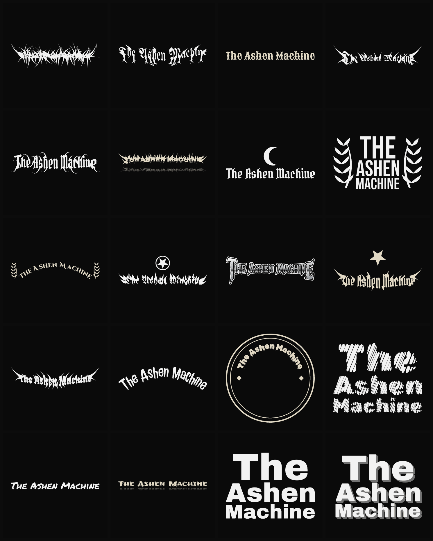 Twenty The Ashen Machine band logo ideas — different faces, treatments and spike settings