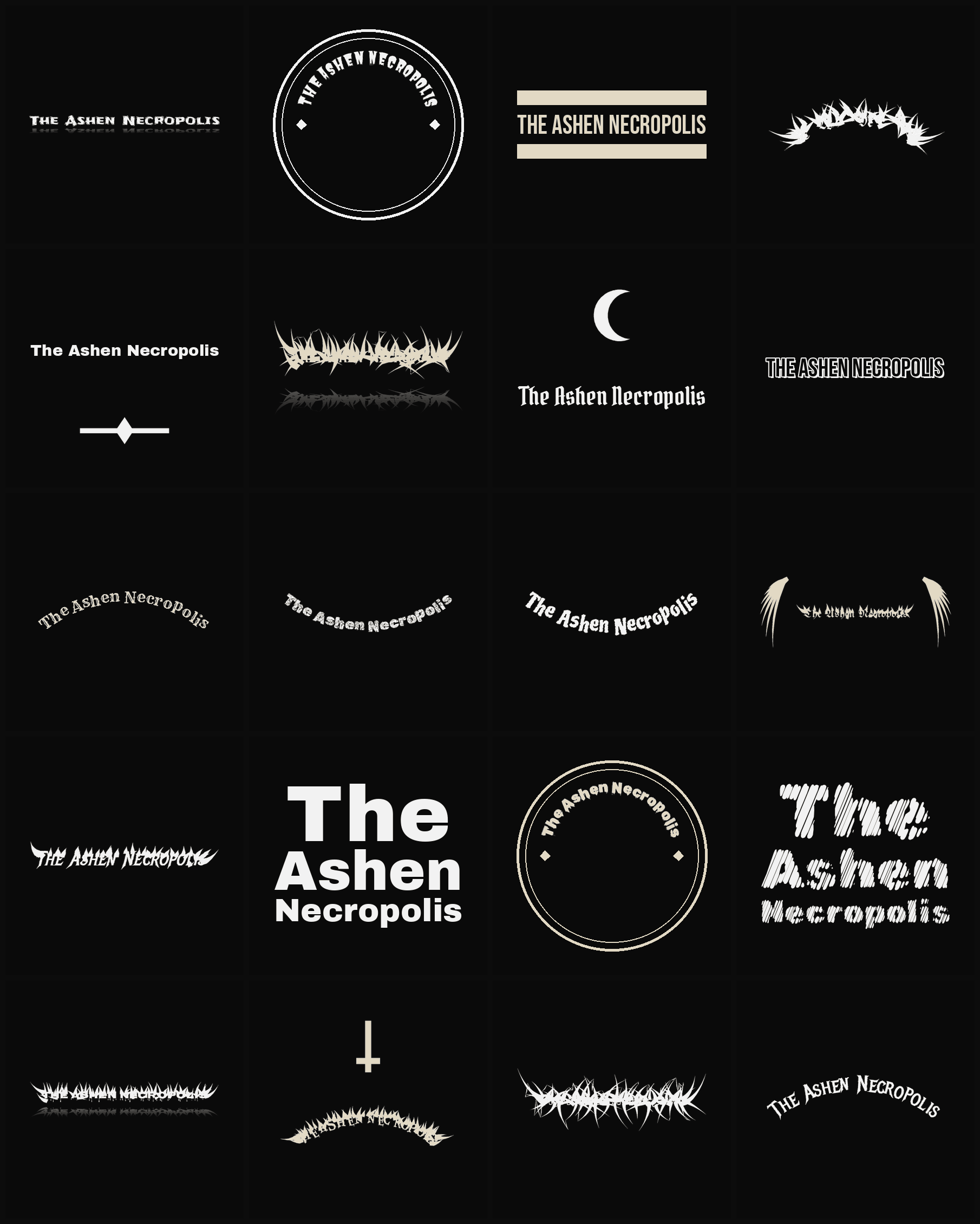 Twenty The Ashen Necropolis band logo ideas — different faces, treatments and spike settings