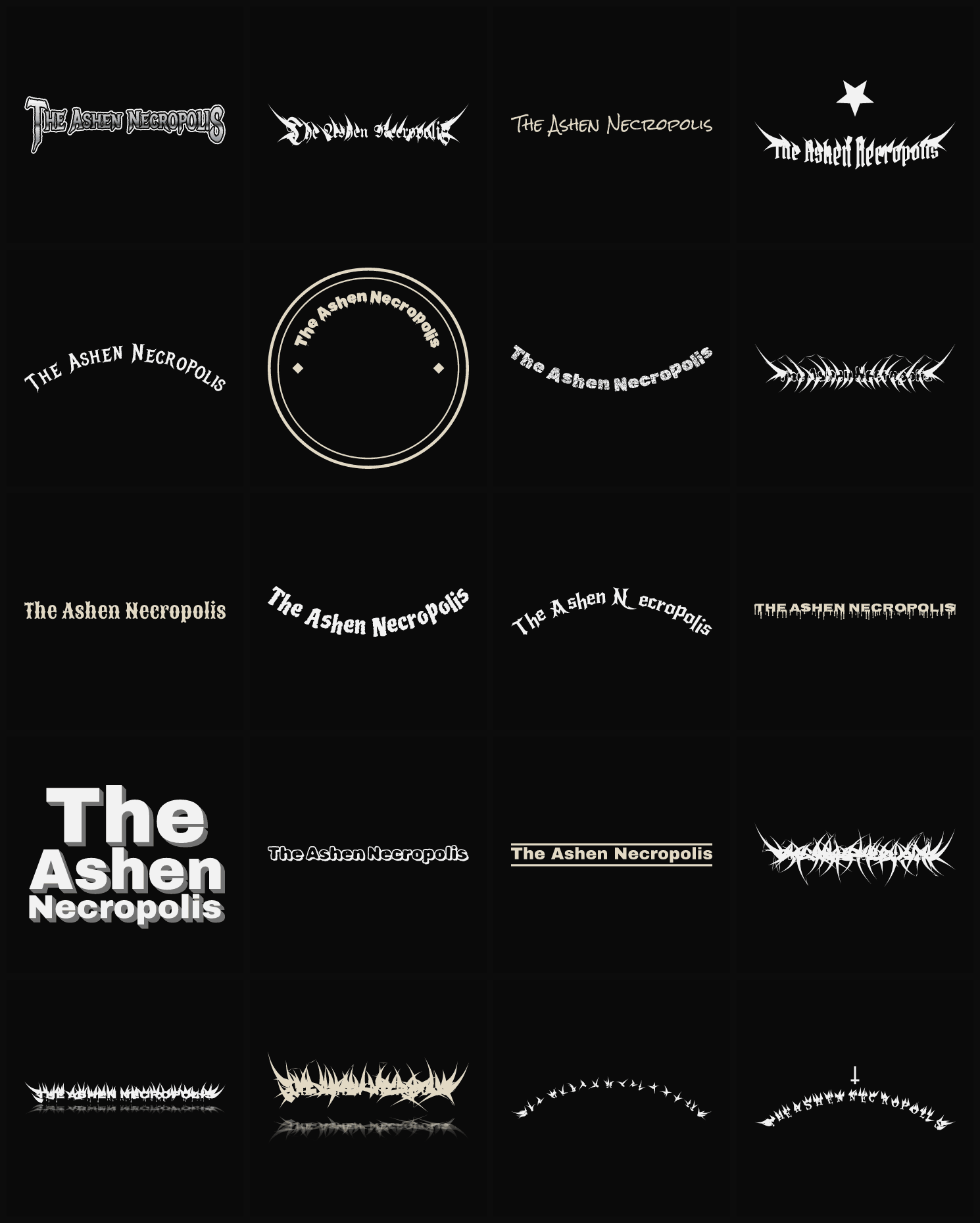 Twenty The Ashen Necropolis band logo ideas — different faces, treatments and spike settings