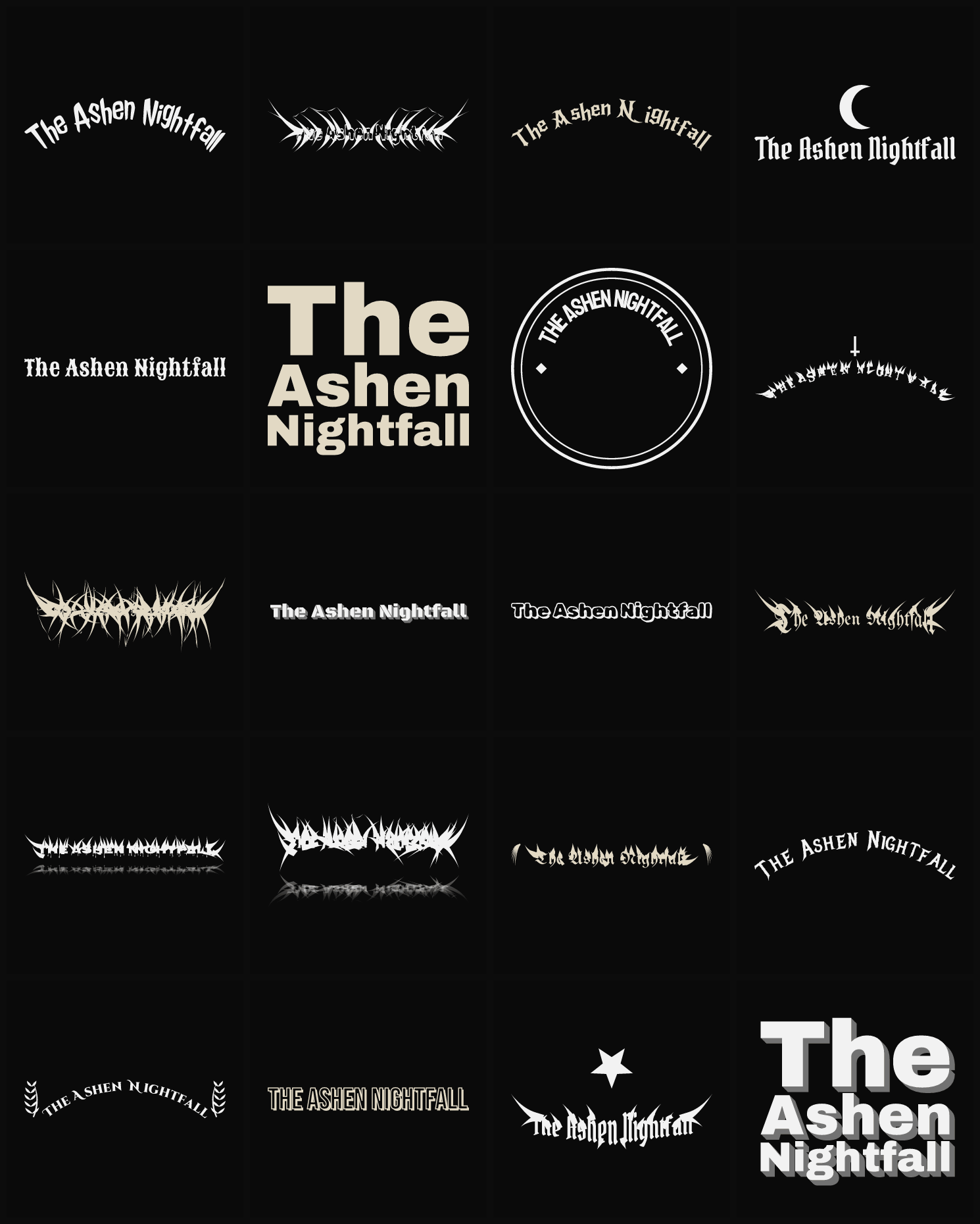Twenty The Ashen Nightfall band logo ideas — different faces, treatments and spike settings