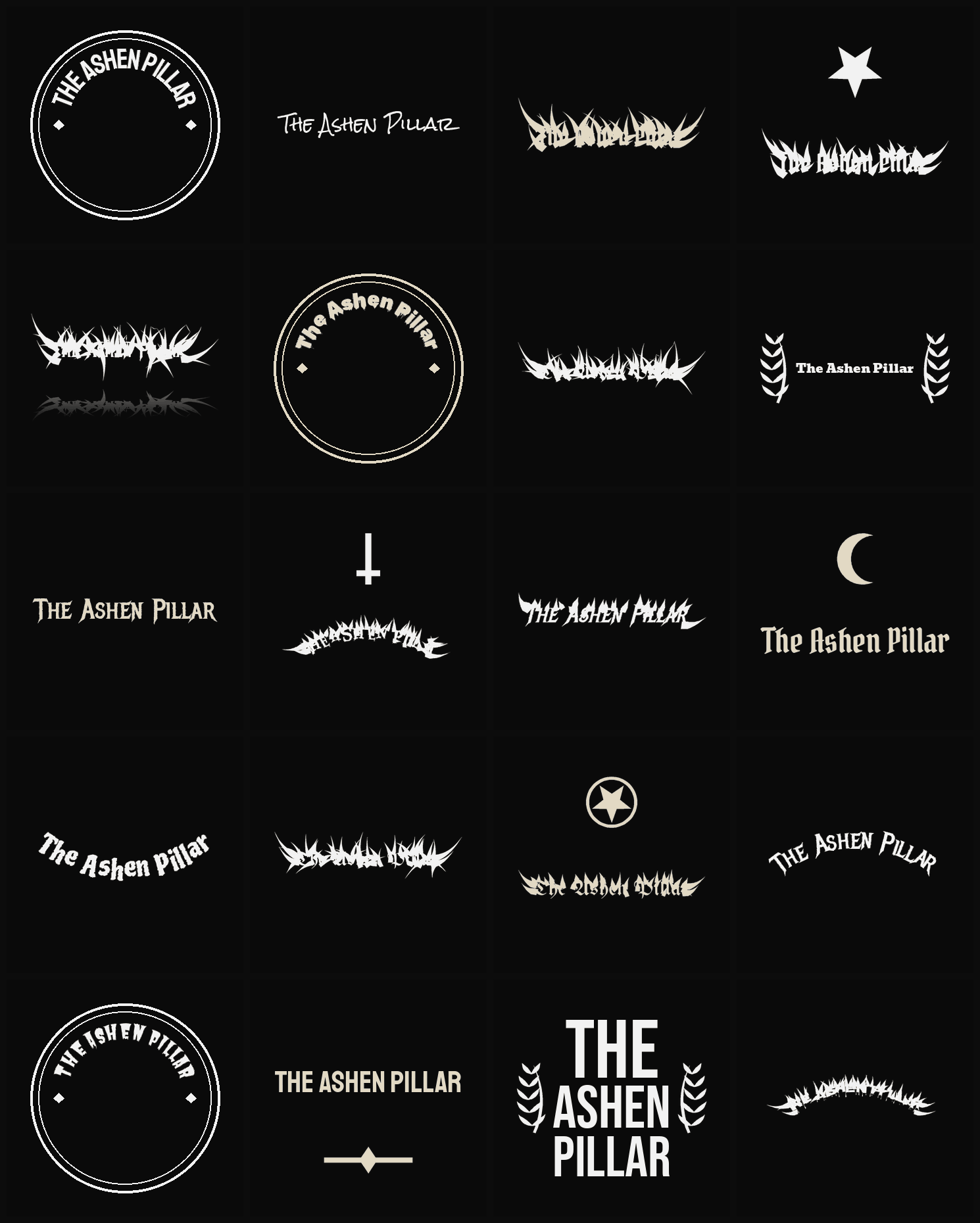 Twenty The Ashen Pillar band logo ideas — different faces, treatments and spike settings
