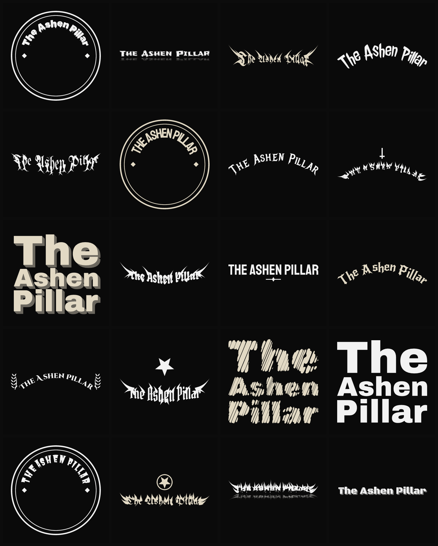 Twenty The Ashen Pillar band logo ideas — different faces, treatments and spike settings