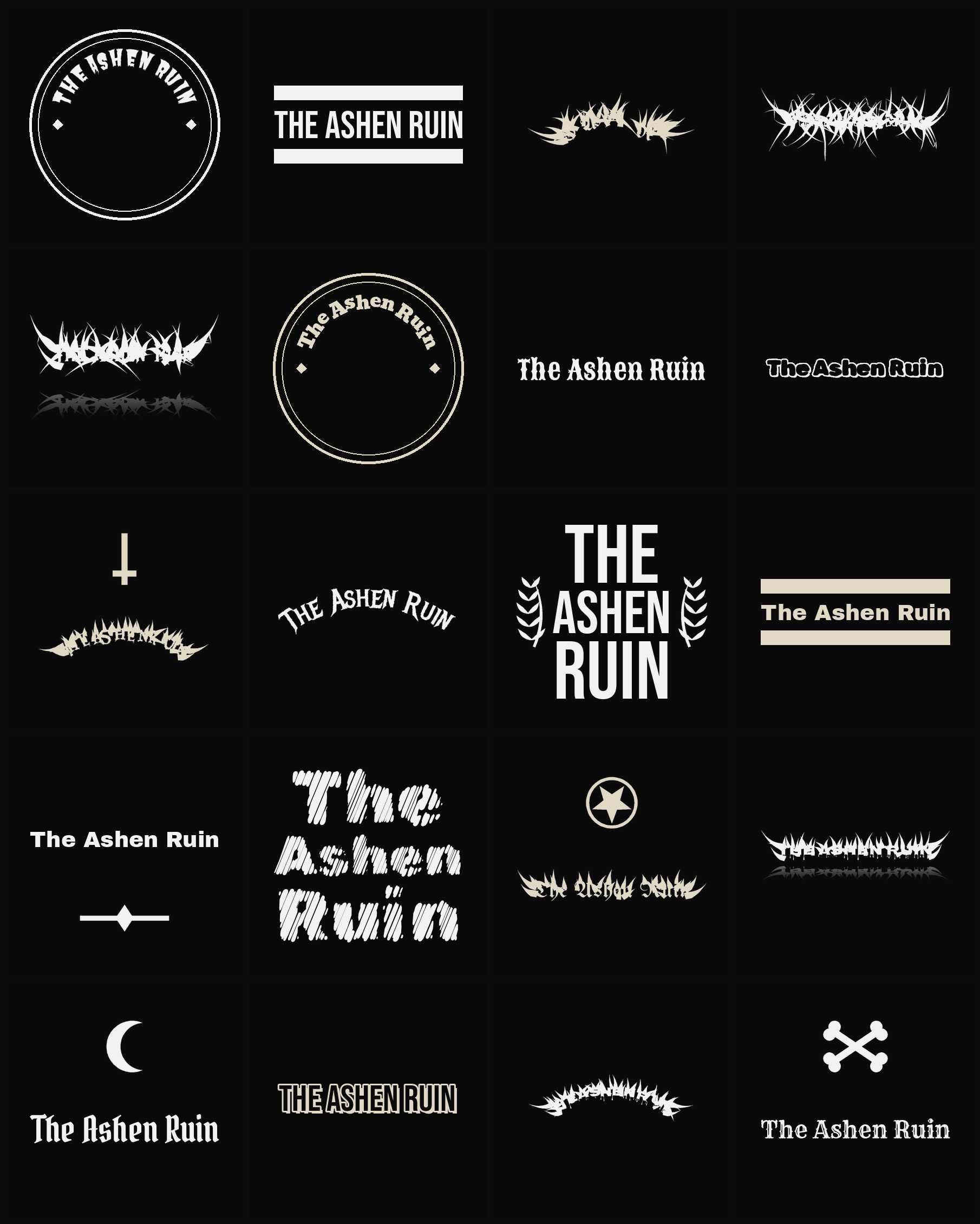 Twenty The Ashen Ruin band logo ideas — different faces, treatments and spike settings